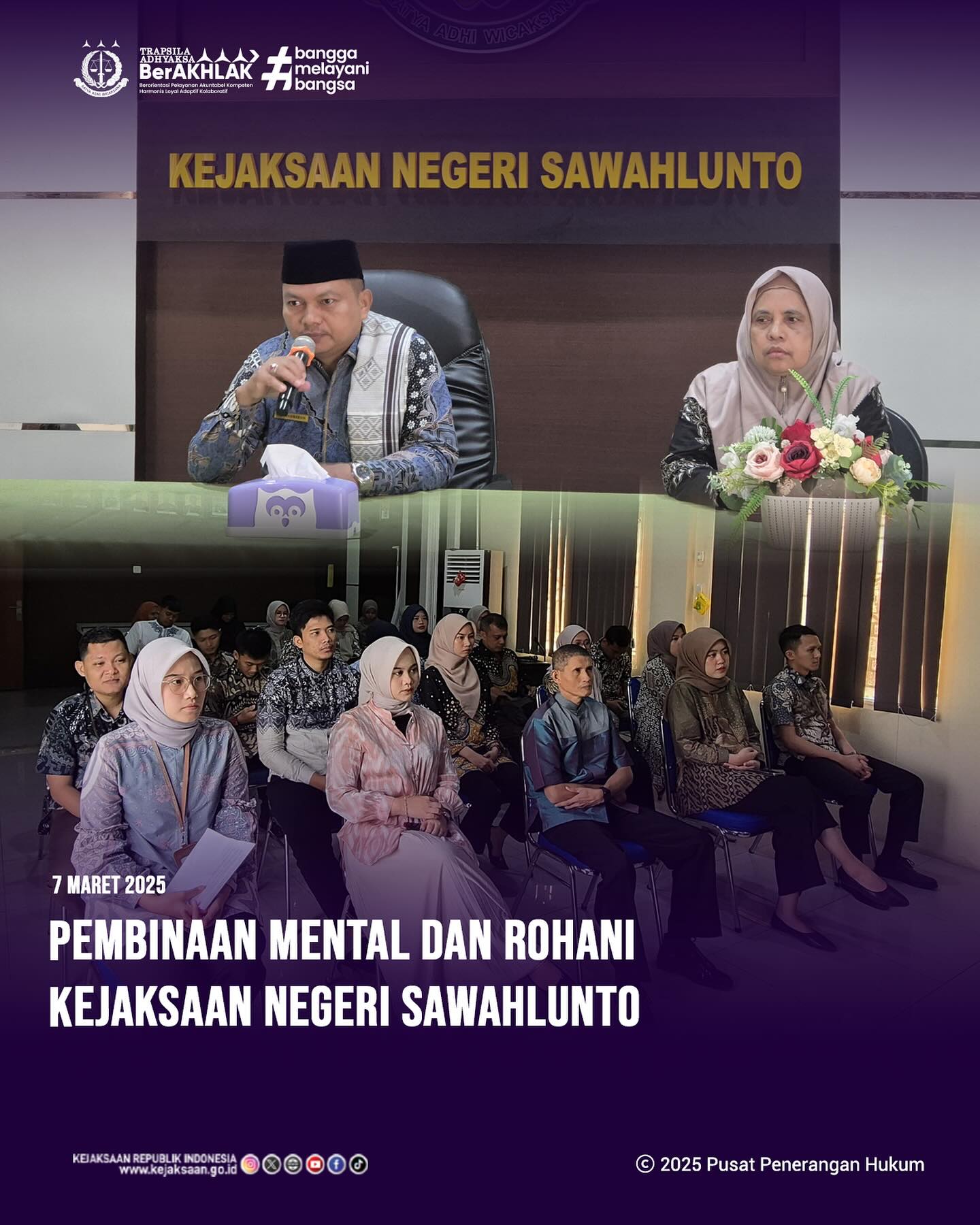 Bahwa pada hari Jumat, 07 Maret 2025, bertempat Aula Kantor Kejaksaan Negeri Sawahlunto, telah dilaksanakan Kegiatan Pembinaan Mental dan Rohani yang di ikuti seluruh Pegawai dan PPNPN Kejaksaan Negeri Sawahlunto - from Instagram