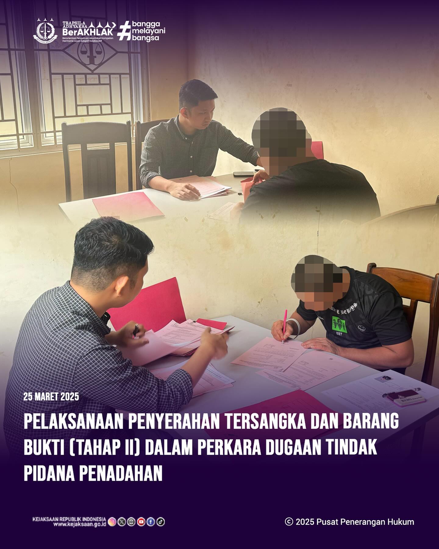 Bahwa pada hari Selasa, 25 Maret 2025, bertempat di Ruang Pemeriksaan Tahap II telah dilaksanakan Penyerahan Tersangka dan Barang Bukti (Tahap II) Dalam Perkara Dugaan Tindak Pidana Penadahan - from Instagram