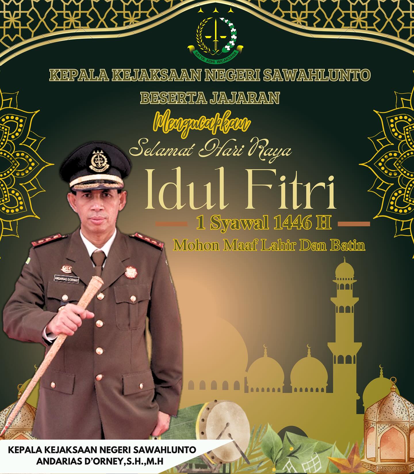 Kepala Kejaksaan Negeri Sawahlunto beserta jajaran mengucapkan Taqabbalallahu minna wa minkum, shiyamana wa shiyamakum. Di hari kemenangan ini, mari kita sucikan hati dengan saling memaafkan dan mempererat ukhuwah. Semoga keberkahan, kebahagiaan, dan kedamaian senantiasa menyertai kita semua. Mohon maaf lahir dan batin. - from Instagram