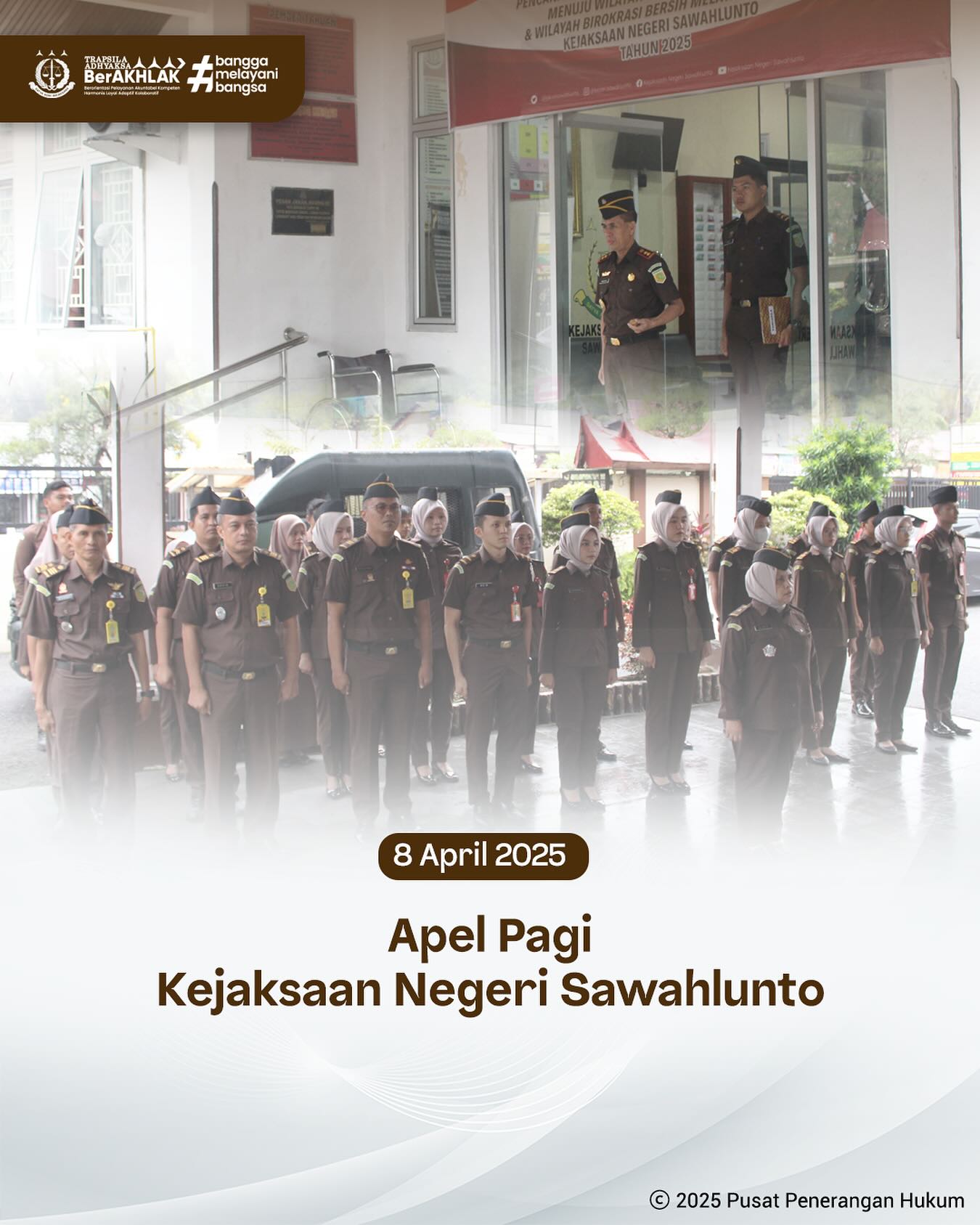 Bahwa pada hari Selasa, 8 April 2025, bertempat di Halaman Kantor Kejaksaan Negeri Sawahlunto, telah dilaksanakan Apel Pagi yang dipimpin Oleh Kepala Kejaksaan Negeri Sawahlunto, Andarias D'Orney,S.H.,M.H., serta diikuti oleh seluruh Pegawai dan PPNPN Kejaksaan Negeri Sawahlunto - from Instagram