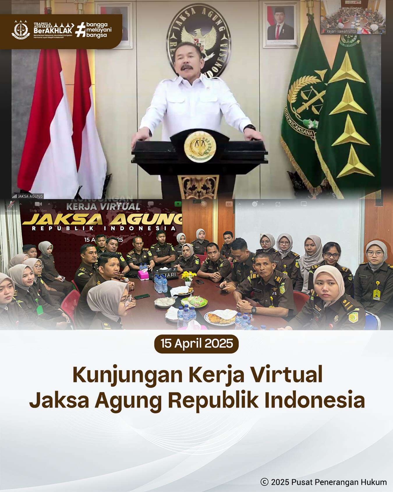 Bahwa pada hari Selasa, 15 April 2025, bertempat di Ruang Video Conference Kantor Kejaksaan Negeri Sawahlunto, Kepala Kejaksaan Negeri Sawahlunto, Bapak Andarias D'Orney S.H.,M.H., beserta jajaran dan staf Kejaksaan Negeri Sawahlunto mengikuti kegiatan Kunjungan Kerja Virtual Jaksa Agung Republik Indonesia via Zoom Meeting - from Instagram