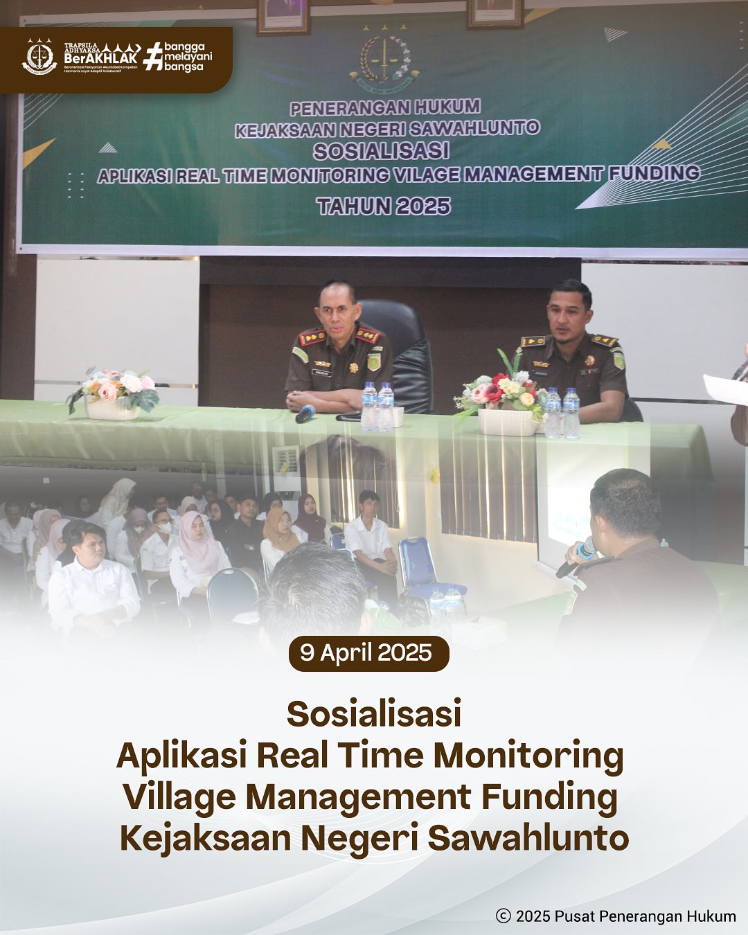 Bahwa pada hari Rabu, 09 April 2025, bertempat di Aula Kantor Kejaksaan Negeri Sawahlunto, Kepala Kejaksaan Negeri Sawahlunto, Bapak Andarias D'Orney,S.H.,M.H., Kepala Seksi Intelijen, Bapak Rendra Taqwa Agusto,S.H., melaksanakan kegiatan Penerangan Hukum Sosialisasi Aplikasi Real Time Monitoring Village Management Funding Kejaksaan Republik Indonesia - from Instagram