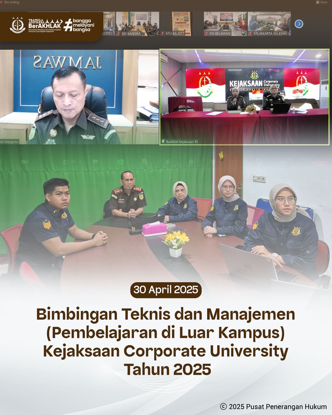 Bahwa pada hari Rabu, 30 April 2025, bertempat di Ruang Video Conference Kejaksaan Negeri Sawahlunto, Kepala Kejaksaan Negeri Sawahlunto, Bapak Andarias D'Orney,S.H.,M.H., Kepala Subbagian Pembinaan, Ibu Elnita,S.H., beserta Staf Kejaksaan Negeri Sawahlunto mengikuti kegiatan Bimbingan Teknis dan Manajemen (Pembelajaran di Luar Kampus) Kejaksaan Corporate University Tahun 2025 secara daring dengan tema "Strategi Kepemimpinan". - from Instagram