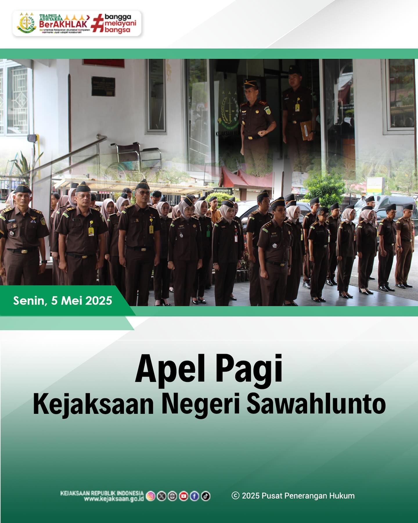 Bahwa pada hari Senin, 05 Mei 2025, bertempat di Halaman Kantor Kejaksaan Negeri Sawahlunto, telah dilaksanakan Apel Pagi yang dipimpin Oleh Kepala Kejaksaan Negeri Sawahlunto, Bapak Andarias D'Orney,S.H.,M.H., serta diikuti oleh seluruh Pegawai dan PPNPN Kejaksaan Negeri Sawahlunto - from Instagram