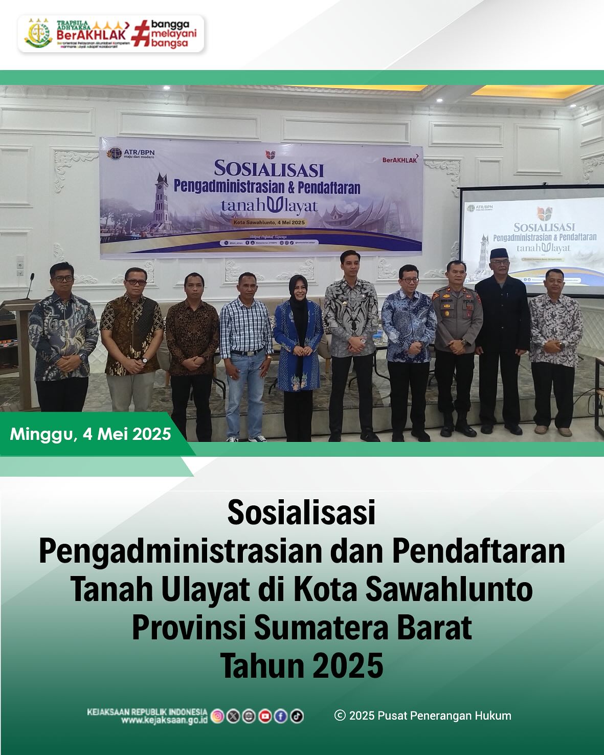Bahwa pada hari Minggu, 04 Mei 2025, bertempat di Savannah Convention Hall Kec. Talawi, Kota Sawahlunto, Kepala Seksi Tindak Pidana Umum, Bapak Adhi Putra Graha,S.H., mengikuti kegiatan Sosialisasi Pengadministrasian dan Pendaftaran Tanah Ulayat di Kota Sawahlunto Provinsi Sumatera Barat Tahun 2025 - from Instagram