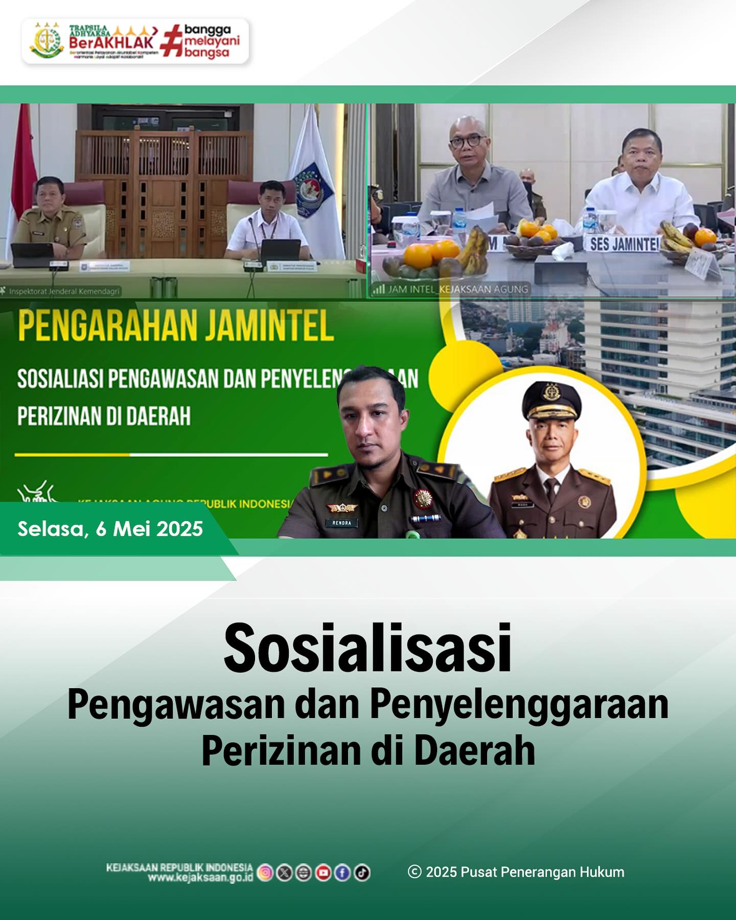 Bahwa pada hari Selasa, 6 Mei 2025, bertempat di ruang Kepala Seksi Intelijen Kejaksaan Negeri Sawahlunto, Kepala Seksi Intelijen Kejaksaan Negeri Sawahlunto, mengikuti kegiatan Sosialisasi Pengawasan dan Penyelenggaraan Perizinan di Daerah secara daring - from Instagram