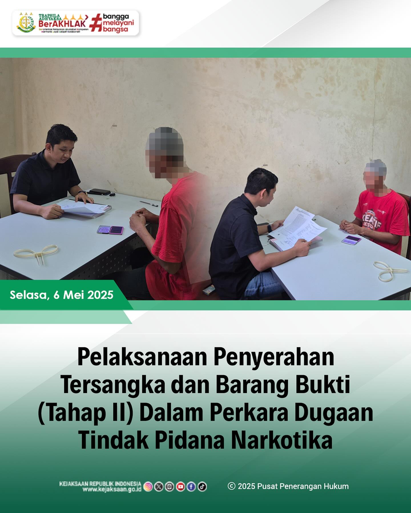 Bahwa pada hari Selasa, 06 Mei 2025, bertempat di Ruang Pemeriksaan Tahap II telah dilaksanakan Penyerahan Tersangka dan Barang Bukti (Tahap II) Dalam Perkara Dugaan Tindak Pidana Narkotika dari Penyidik Polres Sawahlunto - from Instagram