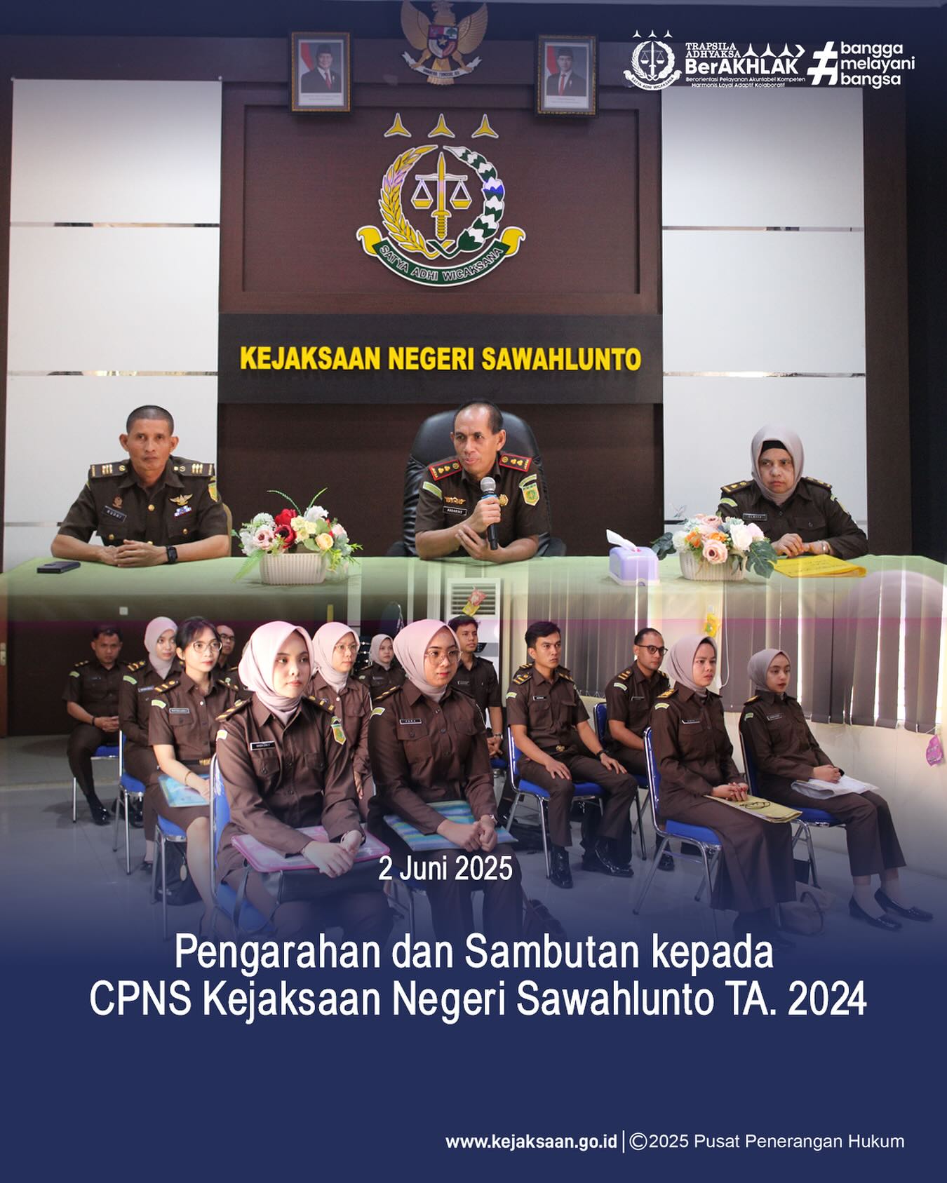 Bahwa pada hari Senin, 02 Juni 2025, bertempat di Aula Kantor Kejaksaan Negeri Sawahlunto, Kepala Kejaksaan Negeri Sawahlunto, Bapak Andarias D'Orney,S.H.,M.H., memberi Sambutan dan Arahan kepada Para Calon Pegawai Negeri Sipil Kejaksaan RI Penempatan Kejaksaan Negeri Sawahlunto - from Instagram