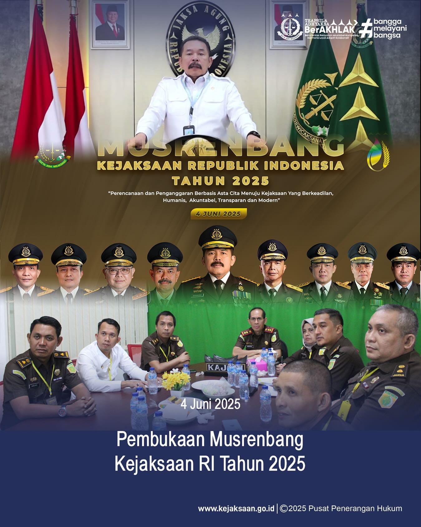 Bahwa pada hari Rabu, 04 Juni 2025, bertempat di Ruang Video Conference Kantor Kejaksaan Negeri Sawahlunto, Kepala Kejaksaan Negeri Sawahlunto, Bapak Andarias D'Orney,S.H.,M.H., beserta jajaran mengikuti kegiatan Pembukaan Musrenbang Kejaksaan RI Tahun 2025 dengan tema "Perencanaan dan Pengangggaran Berbasis Asta Cita : Menuju Kejaksaan yang Berkeadilan, Humanis, Akuntabel, Transparan dan Modern" secara daring - from Instagram