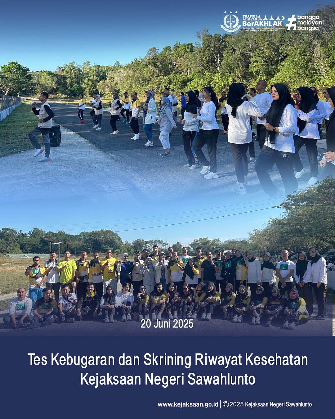 Bahwa pada hari Jumat, 20 Juni 2025, bertempat di Lapangan Road Race Kandih, Kepala Kejaksaan Negeri Sawahlunto, Bapak Andarias D'Orney,S.H.,M.H., dan jajaran beserta seluruh Pegawai dan PPNPN Kejaksaan Negeri Sawahlunto mengikuti Kegiatan Tes Kebugaran dan Skrining Riwayat Kesehatan yang dilaksanakan oleh UPTD Puskesmas Silungkang - from Instagram