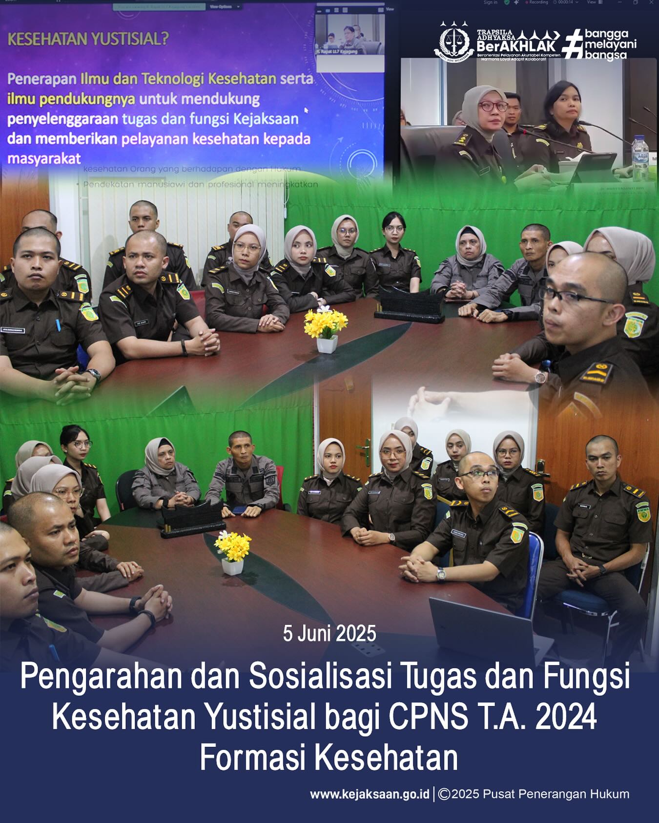 Bahwa pada hari Kamis, 05 Juni 2025, bertempat di Ruang Video Conference Kantor Kejaksaan Negeri Sawahlunto, Kepala Subbagian Pembinaan, Ibu Elnita,S.H., beserta para CPNS Kejaksaan Negeri Sawahlunto mengikuti Kegiatan Pengarahan dan Sosialisasi Tugas dan Fungsi Kesehatan Yustisial bagi CPNS T.A. 2024 Formasi Kesehatan secara daring - from Instagram