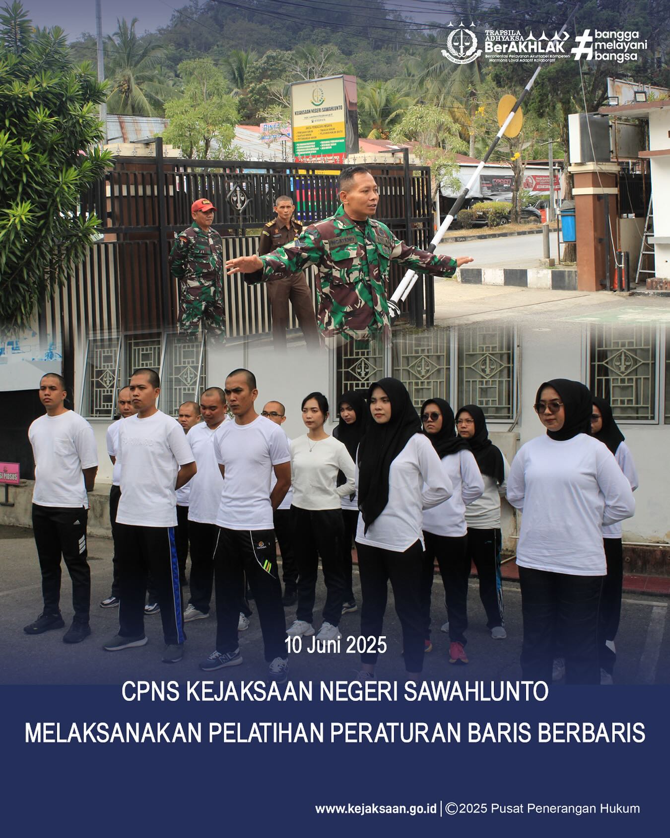 Bahwa pada hari Selasa, 10 Juni 2025 bertempat di Halaman Kantor Kejaksaan Negeri Sawahlunto, Para CPNS TA.2024 Kejaksaan Negeri Sawahlunto melaksanakan kegiatan Pelatihan PBB yang diberikan oleh Kejaksaan Negeri Sawahlunto melalui Koramil 04 Muaro Kalaban - from Instagram