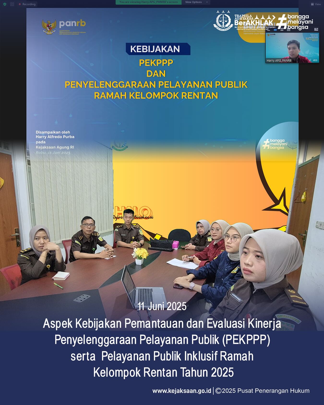 Bahwa pada hari Rabu, 11 Juni 2025 bertempat di Ruang Video Conference Kantor Kejaksaan Negeri Sawahlunto, Kepala Subbagian Pembinaan, Ibu Elnita,S.H., beserta Staf Kejaksaan Negeri Sawahlunto, mengikuti kegiatan Halo RB dengan tema "Aspek Kebijakan Pemantauan dan Evaluasi Kinerja Penyelenggaraan Pelayanan Publik (PEKPPP) serta  Pelayanan Publik Inklusif Ramah Kelompok Rentan Tahun 2025" secara daring - from Instagram