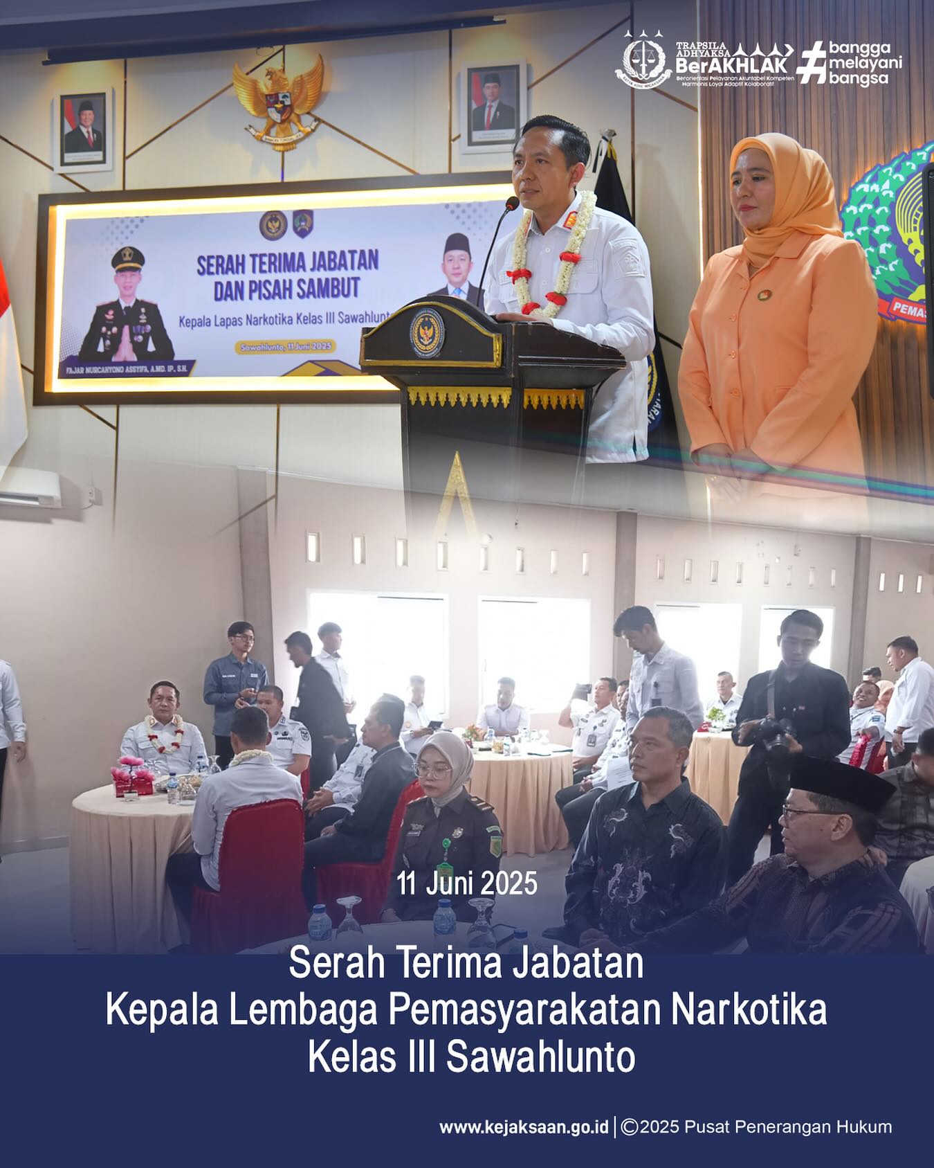 Bahwa pada hari Rabu, 11 Juni 2025, bertempat di Aula Pengayoman Lapas Narkotika Sawahlunto, Kasubsi II Bidang Intelijen Kejaksaan Negeri Sawahlunto, Ibu Laras Iga Mawarni,S.H., mengikuti Acara Serah Terima Jabatan Kepala Lembaga Pemasyarakatan Narkotika Kelas III Sawahlunto - from Instagram