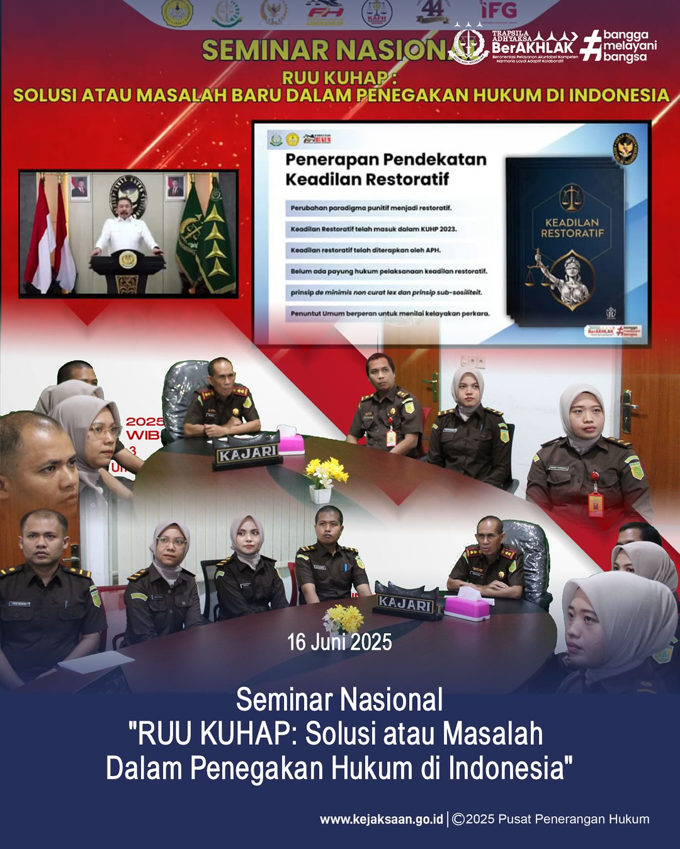 Bahwa pada hari Senin, 16 Juni 2025, bertempat di Ruang Video Conference Kejaksaan Negeri Sawahlunto, Kepala Kejaksaan Negeri Sawahlunto, Bapak Andarias D'Orney,S.H.,M.H., dan Kepala Seksi Tindak Pidana Umum, Bapak Adhi Putra Graha,S.H., beserta staf Bidang Tindak Pidana Umum, mengikuti Kegiatan Seminar Nasional Dies Natalis FH Universitas Jenderal Soedirman dengan tema "RUU KUHAP: Solusi atau Masalah Dalam Penegakan Hukum di Indonesia" - from Instagram