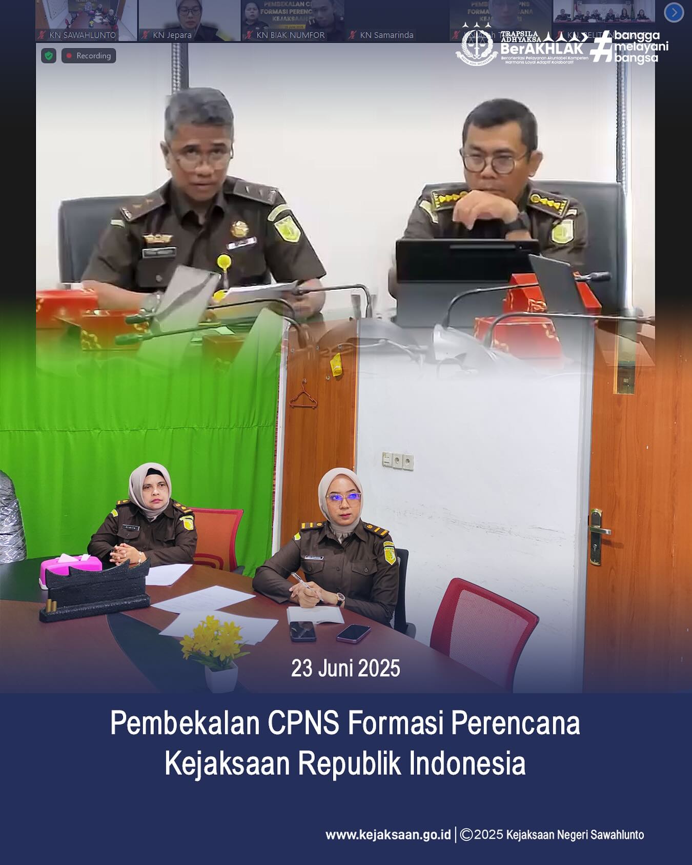 Bahwa pada hari Senin, 23 Juni 2025, bertempat di Ruang Video Conference Kantor Kejaksaan Negeri Sawahlunto, Kepala Subbagian Pembinaan, Ibu Elnita,S.H., dan CPNS Formasi Perencana mengikuti Kegiatan Pembekalan bagi Calon Pegawai Negeri Sipil (CPNS) Formasi Perencana dengan tema "Mengenal Siklus Perencanaan dan Penganggaran Kejaksaan RI" secara daring - from Instagram