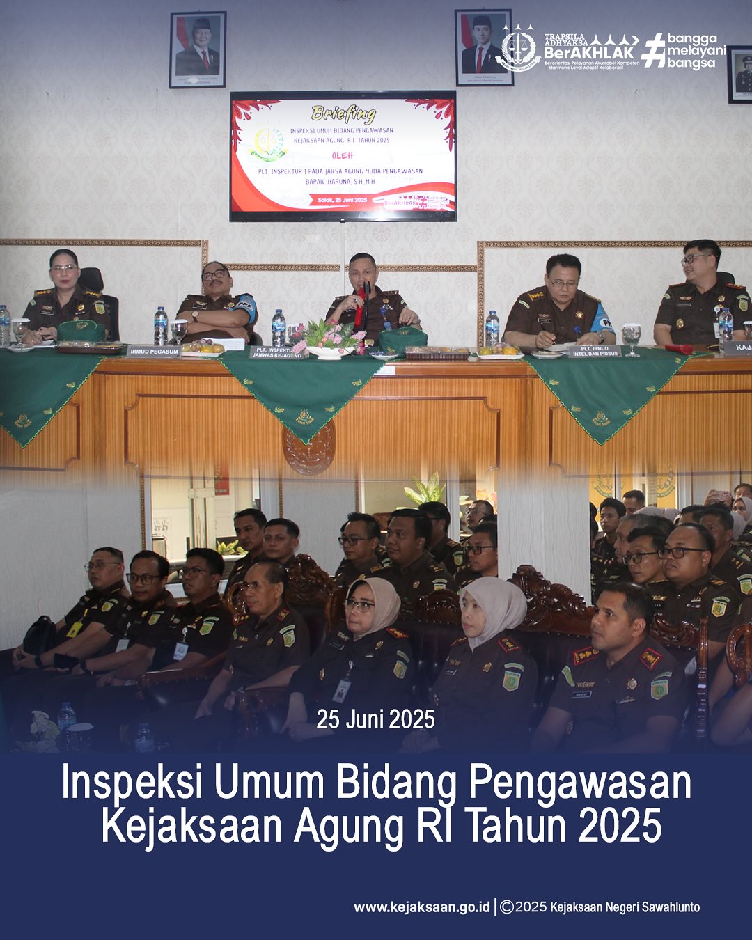 Bahwa pada hari Rabu, 25 Juni 2025, bertempat di Aula Kejaksaan Negeri Solok, Kepala Kejaksaan Negeri Sawahlunto, Bapak Andarias D'Orney,S.H.,M.H., beserta jajaran mengikuti kegiatan Inspeksi Umum Bidang Pengawasan Kejaksaan Agung RI Tahun 2025 yang dilaksanakan oleh Jaksa Agung Muda Bidang Pengawasan - from Instagram