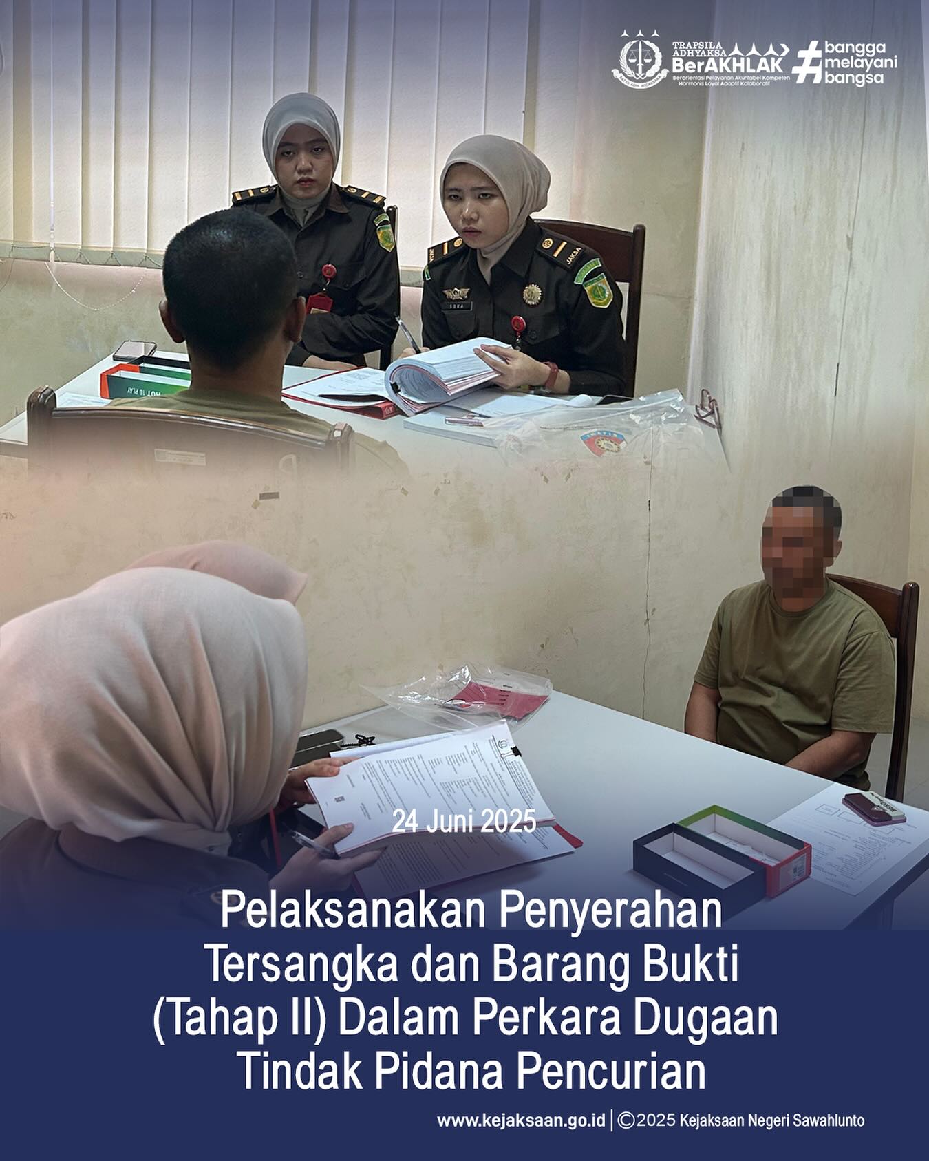 Bahwa pada hari Selasa, 23 Juni 2025, bertempat di Ruang Pemeriksaan Tahap II telah dilaksanakan Penyerahan Tersangka dan Barang Bukti (Tahap II) Dalam Perkara Dugaan Tindak Pidana Pencurian dari Penyidik Polres Sawahlunto - from Instagram
