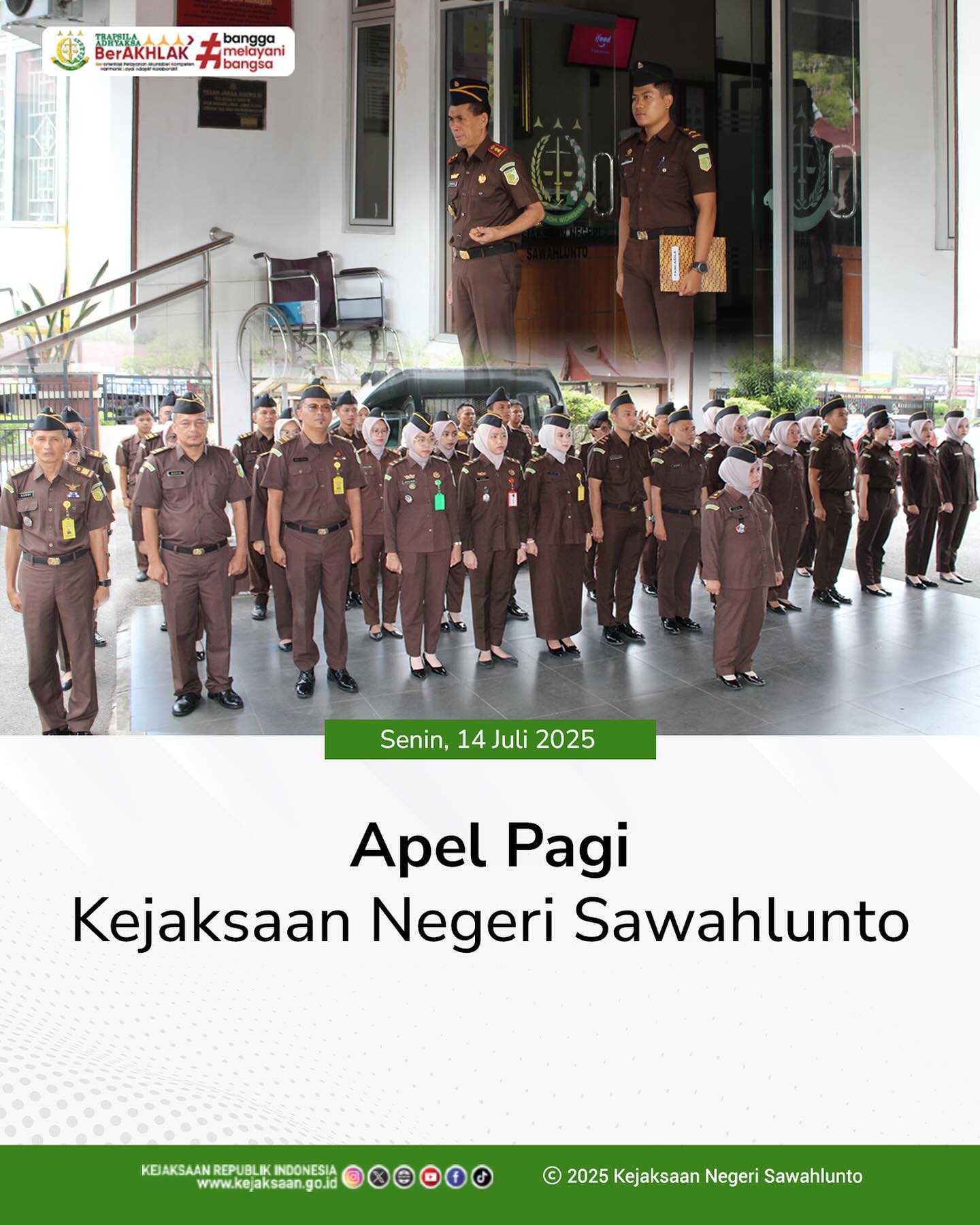 Bahwa pada hari Senin, 14 Juli 2025, bertempat di Halaman Kantor Kejaksaan Negeri Sawahlunto, telah dilaksanakan Apel Pagi yang dipimpin Oleh Kepala Kejaksaan Negeri Sawahlunto, Bapak Andarias D'Orney,S.H.,M.H., serta diikuti oleh seluruh Pegawai dan PPNPN Kejaksaan Negeri Sawahlunto - from Instagram