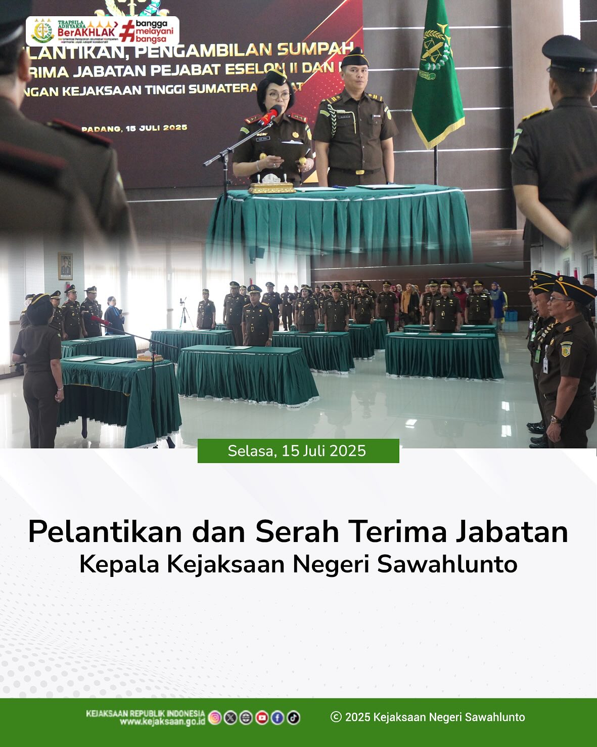 Bahwa pada hari Selasa, 15 Juli 2025 - Bertempat di Aula Lantai 5 Kejaksaan Tinggi Sumatera Barat, telah dilaksanakan Upacara Pelantikan, Pengambilan Sumpah Jabatan, dan Serah Terima Jabatan Kepala Kejaksaan Negeri Sawahlunto yang dipimpin oleh Kepala Kejaksaan Tinggi Sumatera Barat, Yuni Daru Winarsih, S.H., M.Hum.Kepala Kejaksaan Negeri Sawahlunto Bapak Andarias D'Orney, S.H., M.H., dalam jabatan baru Sebagai Asisten Bidang Tindak Pidana Umum Kejaksaan Tinggi Sulawesi Tengah, digantikan oleh Bapak Eddy Samrah L, S.H., M.H., yang sebelumnya menjabat sebagai Kepala Kejaksaan Negeri Seram Bagian Timur. @eddylimbong - from Instagram