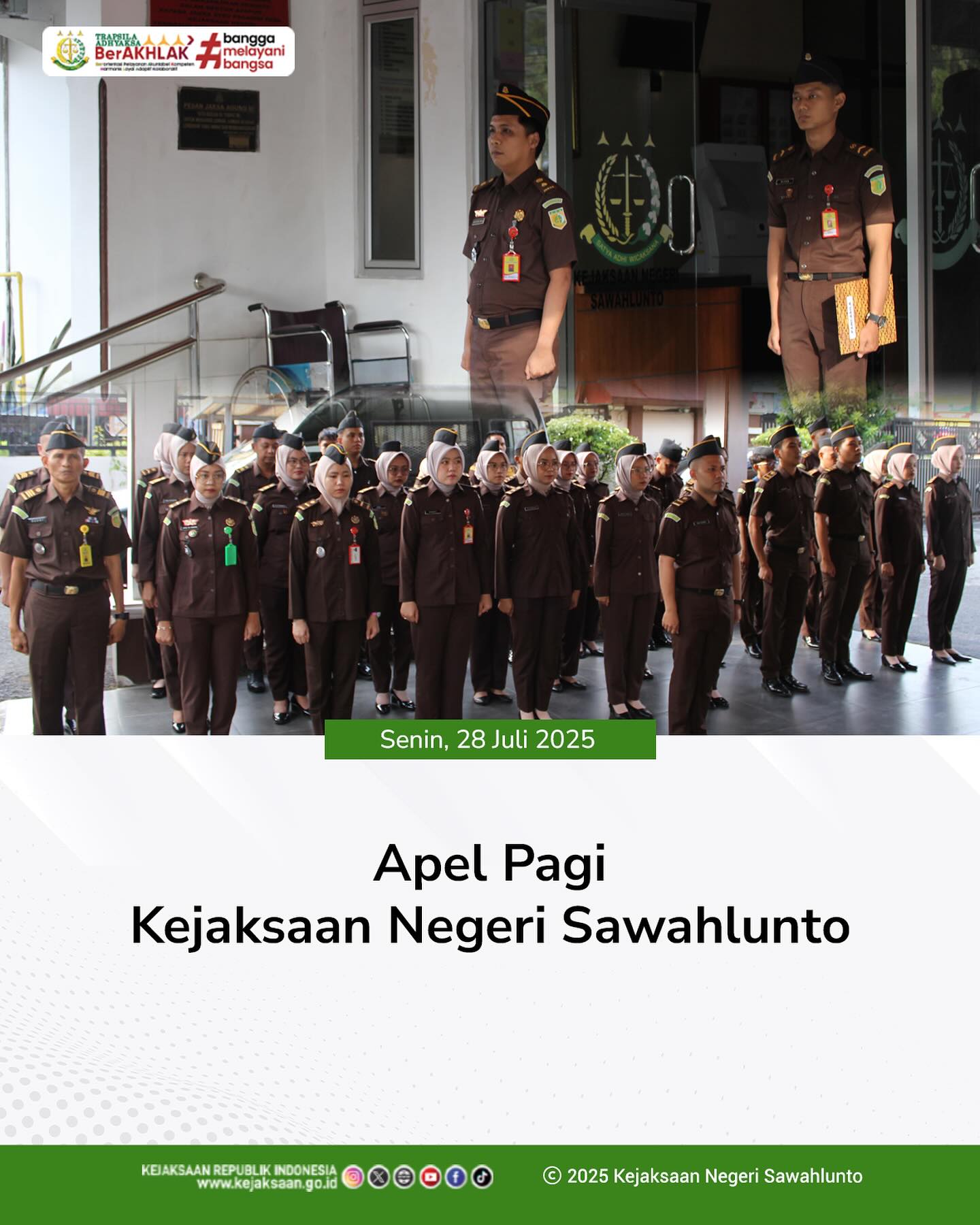 Bahwa pada hari Senin, 28 Juli 2025, bertempat di Halaman Kantor Kejaksaan Negeri Sawahlunto, telah dilaksanakan Apel Pagi yang dipimpin oleh Kepala Seksi Tindak Pidana Umum, Bapak Adhi Putra Graha, S. H., dan diikuti oleh seluruh Pegawai dan PPNPN Kejaksaan Negeri Sawahlunto - from Instagram