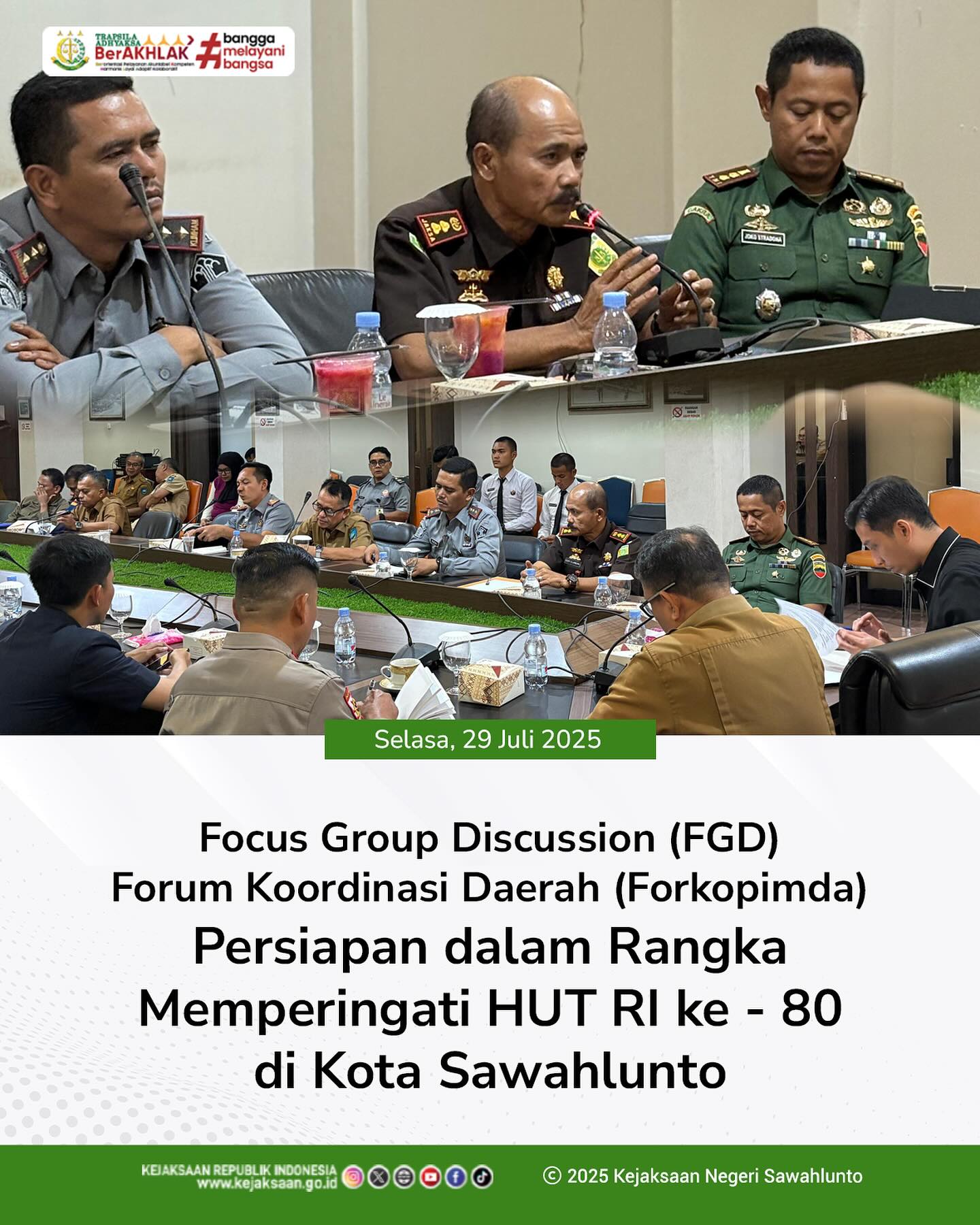 Bahwa pada hari selasa, 29 Juli 2025, bertempat di Ruang Rapat M.Yamin Balaikota Sawahlunto, Kepala Kejaksaan Negeri Sawahlunto, Bapak Eddy Samrah Limbong, S. H., M. H., mengikuti kegiatan Focus Group Discussion (FGD) bersama Forum Koordinasi Daerah (Forkopimda) Kota Sawahlunto beserta Instansi Vertikal dan OPD Kota Sawahlunto dengan topik Persiapan dalam Rangka Memperingati HUT RI Ke -80 di Kota Sawahlunto @eddylimbong - from Instagram
