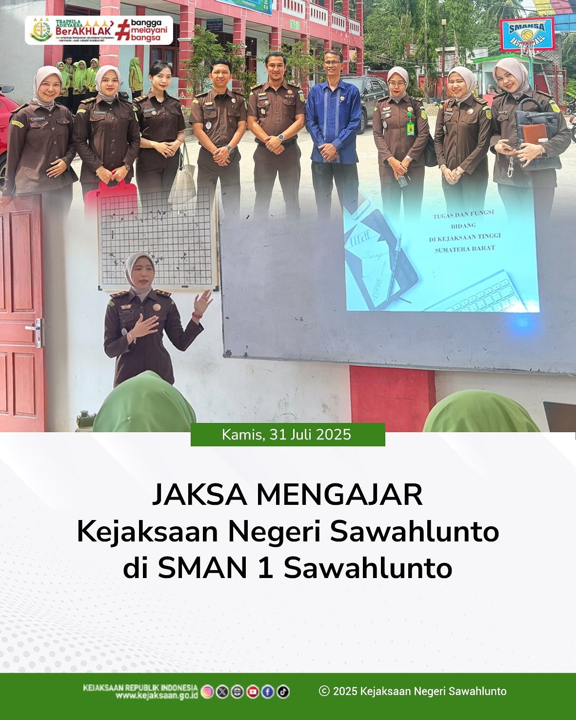 Pada hari Kamis, tanggal 31 Juli 2025, Kejaksaan Negeri Sawahlunto melaksanakan Program Jaksa Mengajar di SMA Negeri 1 Sawahlunto.Program Jaksa Mengajar dengan tema "Tugas Pokok dan Fungsi Kejaksaan Republik Indonesia" dengan metode yang sederhana namun sangat menarik, serta membuka diskusi dengan bahasa yang mudah di pahami oleh siswa. - from Instagram