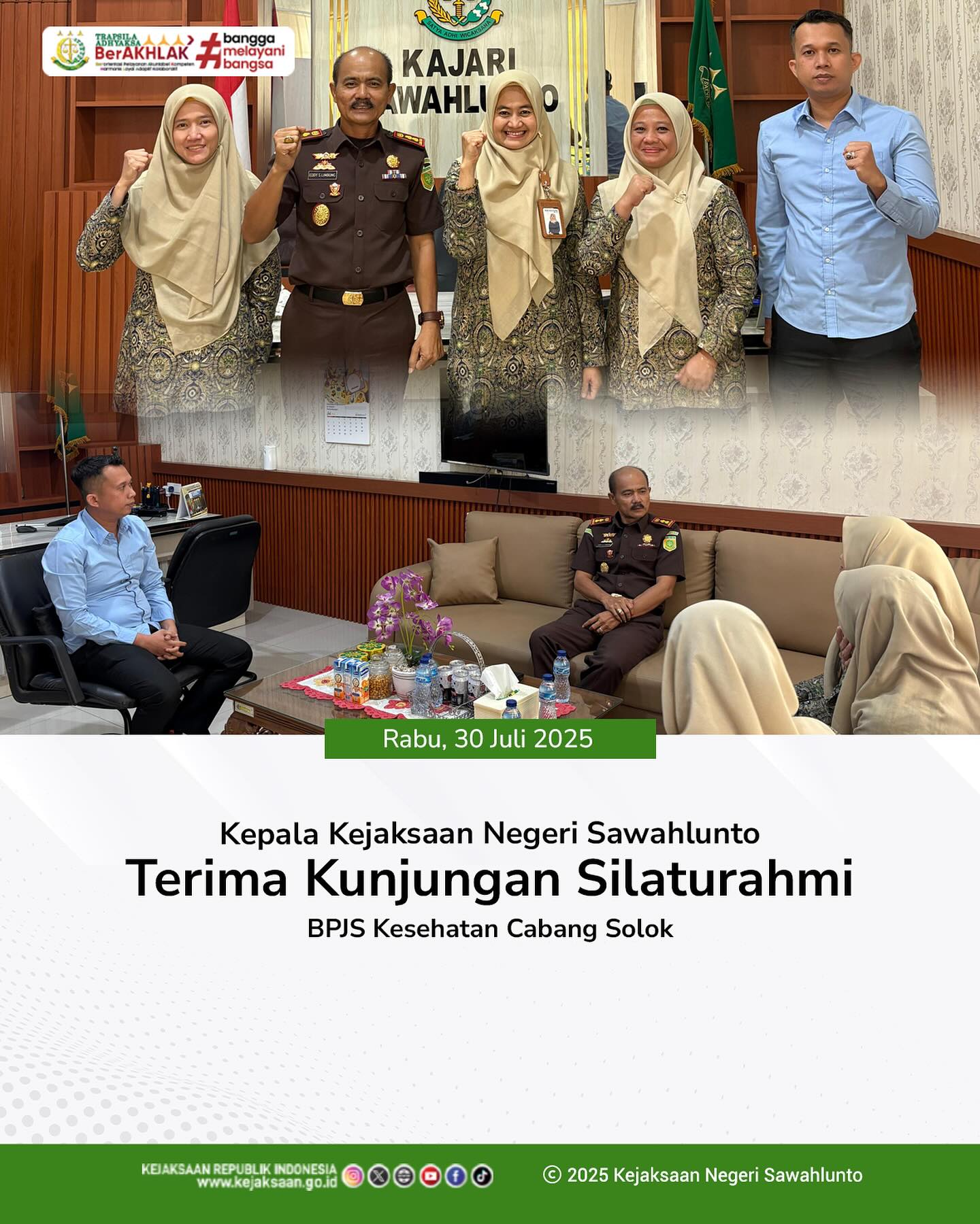 Bahwa pada hari Rabu, 30 Juli 2025, bertempat di Ruangan Kepala Kejaksaan Negeri Sawahlunto, Kepala Kejaksaan Negeri Sawahlunto, Bapak Eddy Samrah Limbong, S. H., M. H., dan Kepala Seksi Bidang Perdata dan Tata Usaha Negara Bapak  Didi Vinaldo Edwar, S. H., menerima Kunjungan Silaturahmi dari BPJS Kesehatan Cabang Solok @eddylimbong - from Instagram