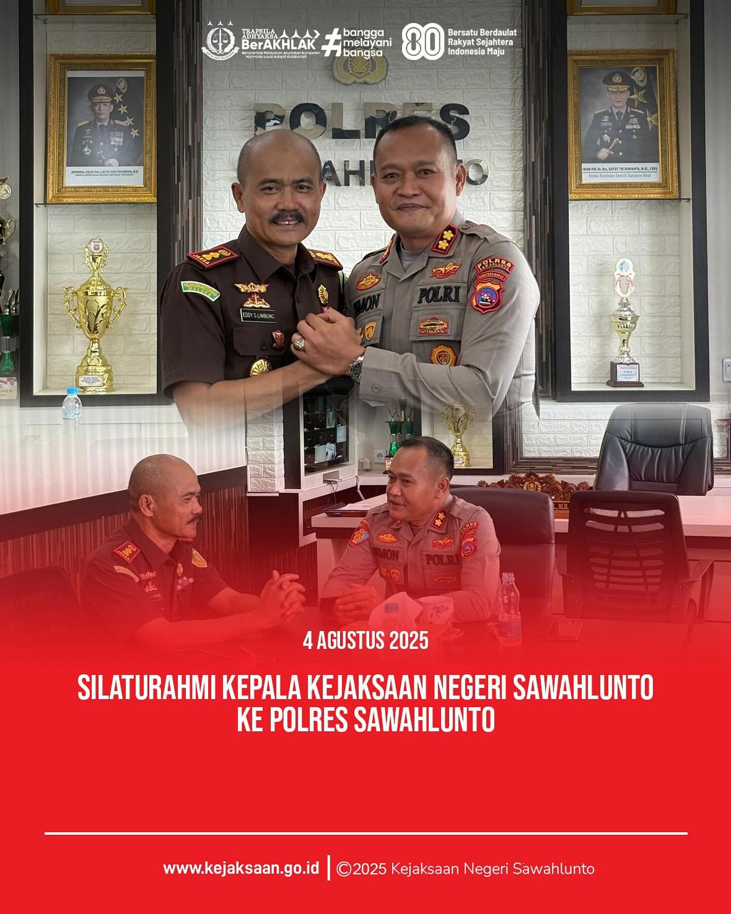 Bahwa pada hari Senin,04 Agustus 2025 bertempat di Polres Sawahlunto .Kepala Kejaksaan Negeri Sawahlunto,Bapak Eddy Samrah L, S.H., M.,H. melaksanakankunjungan perdana ke Polres Sawahlunto. Kunjungan tersebut diterima langsung oleh Kapolres Sawahlunto Bapak Simon Yana Putra,S.I.K.,M.HKunjungan Kepala Kejaksaan Negeri Sawahlunto bertujuan untuk menjalin tali silaturahmi dan merupakan koordinasi awal selaku Kepala Kejaksaan Negeri Sawahlunto yang baru dengan Polres Sawahlunto guna membangun sinergitas dalam penegakan hukum pidana untuk mewujudkan kepastian dan supremasi hukum sesuai tugas dan fungsi masing-masing lembaga. @eddylimbong - from Instagram