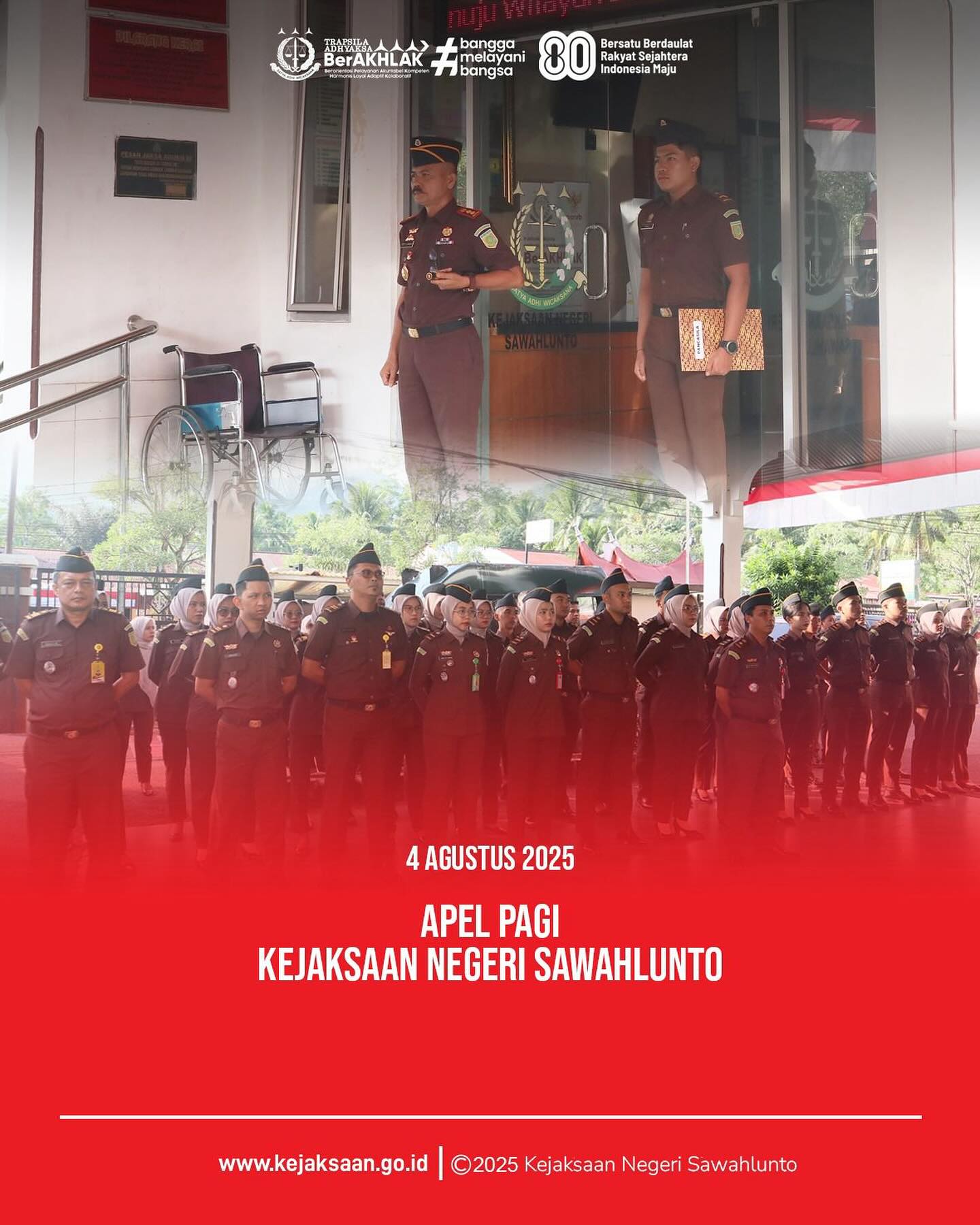 Bahwa pada hari Senin, 04 Agustus 2025, bertempat di Halaman Kantor Kejaksaan Negeri Sawahlunto, telah di laksanakan Apel Pagi yang dipimpin oleh Kepala Kejaksaan Negeri Sawahlunto,Bapak Eddy Samrah L,S.H., M.H, dan diikuti oleh seluruh Pegawai serta PPNPN Kejaksaan Negeri Sawahlunto.Kepala Kejaksaan Negeri Sawahlunto menyampaikan Pentingnya kerja sama dan kekompakan seluruh pegawai, baik antarbidang maupun antarindividu, dalam menjalankan tugas dan fungsi kejaksaan secara optimal.Penekanan agar setiap pegawai bekerja secara profesional, mematuhi Standar Operasional Prosedur (SOP), serta tertib dalam administrasi dan pelaporan.Apel pagi ini menjadi sarana pembinaan kedisiplinan, tanggung jawab serta peningkatan semangat kerja bagi seluruh jajaran Kejaksaan Negeri Sawahlunto. @eddylimbong - from Instagram