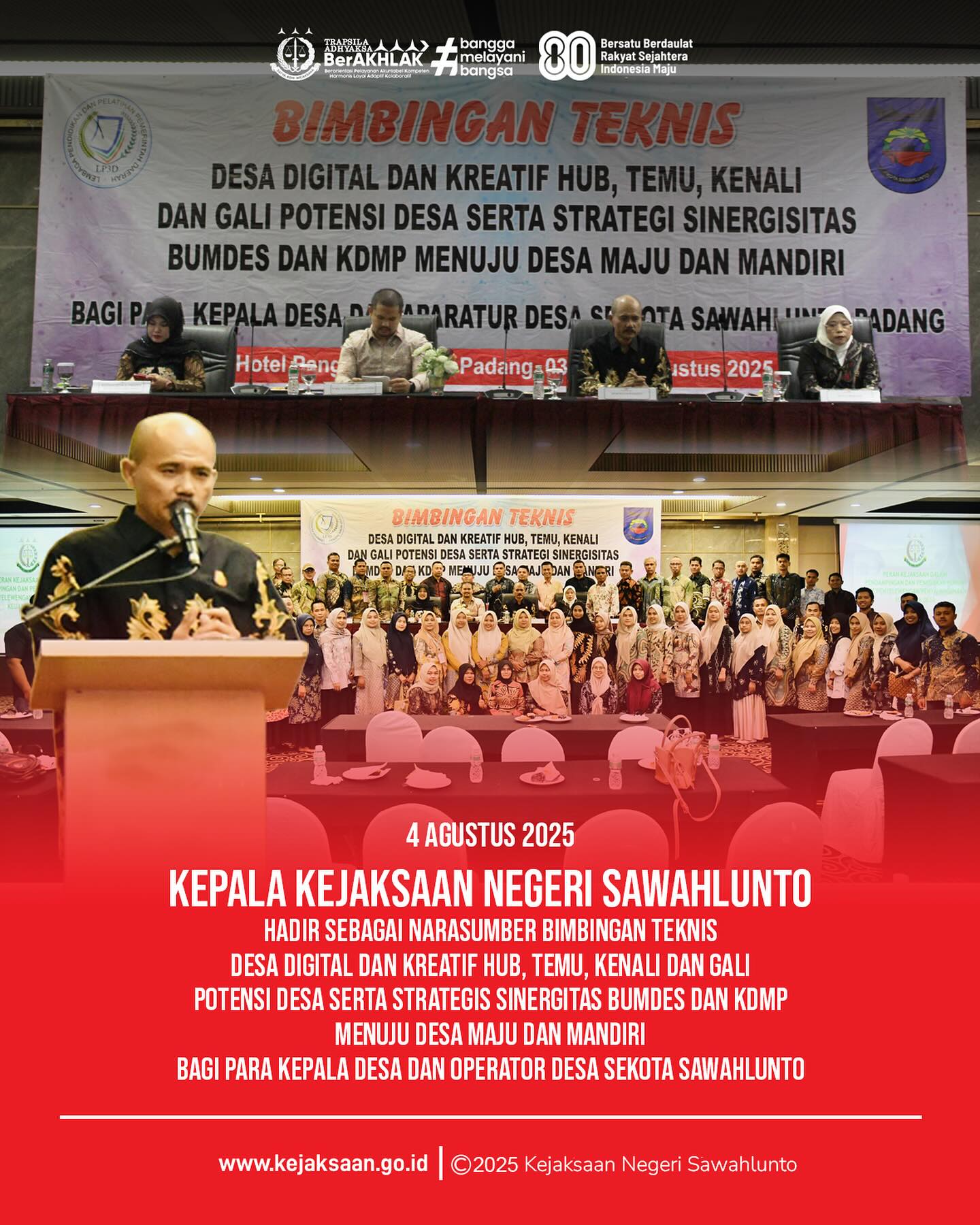 Bahwa pada hari Senin 4 Agustus 2025 bertempat di Hotel Pangeran Beach Padang, Kepala Kejaksaan Negeri Sawahlunto Bapak Eddy Samrah L, S.H., M.H. hadir sebagai narasumber dalam kegiatan Bimbingan Teknis (Bimtek) yang di selenggarakan oleh Dinas Sosial, Pemberdayaan Masyarakat, Desa, Perempuan dan Perlindungan Anak dengan mengangkat tema "Desa Digital dan Kreatif Hub, Temu, Kenali dan Gali Potensi Desa Serta Sinergisitas Bumdes dan KDMP Menuju Desa Maju dan Mandiri."Dalam pemaparannya, Bapak Eddy menyampaikan terkait Peran Kejaksaan Dalam Pendampingan dan Penegakkan Hukum Atas Penyelewengan/Penyalahgunaan Keuangan Desa. Beliau menegaskan, "Dalam pendampingan Hukum Kejaksaan Memiliki Jaksa Pengacara Negara pada Bidang Perdata dan Tata Usaha Negera dan Bidang Intelijen mempunyai Aplikasi JAGA DESA dimana dengan adanya hal tersebut sekiranya Kepala Desa dan Operator Desa mendapat pendampingan dari Kejaksaan"Melalui Kegiatan ini, Kejaksaan Negeri Sawahlunto dan Pemerintah Kota Sawahlunto khususnya Pemerintahan Desa dapat berkolaborasi dan berintregitas dalam membentuk sumber daya manusia yang tidak hanya kompeten secara teknis, tetapi juga memiliki kesadaran hukum yang kuat sebagai pondasi dalam menjalankan tugas khususnya di pemerintahan desa. - from Instagram