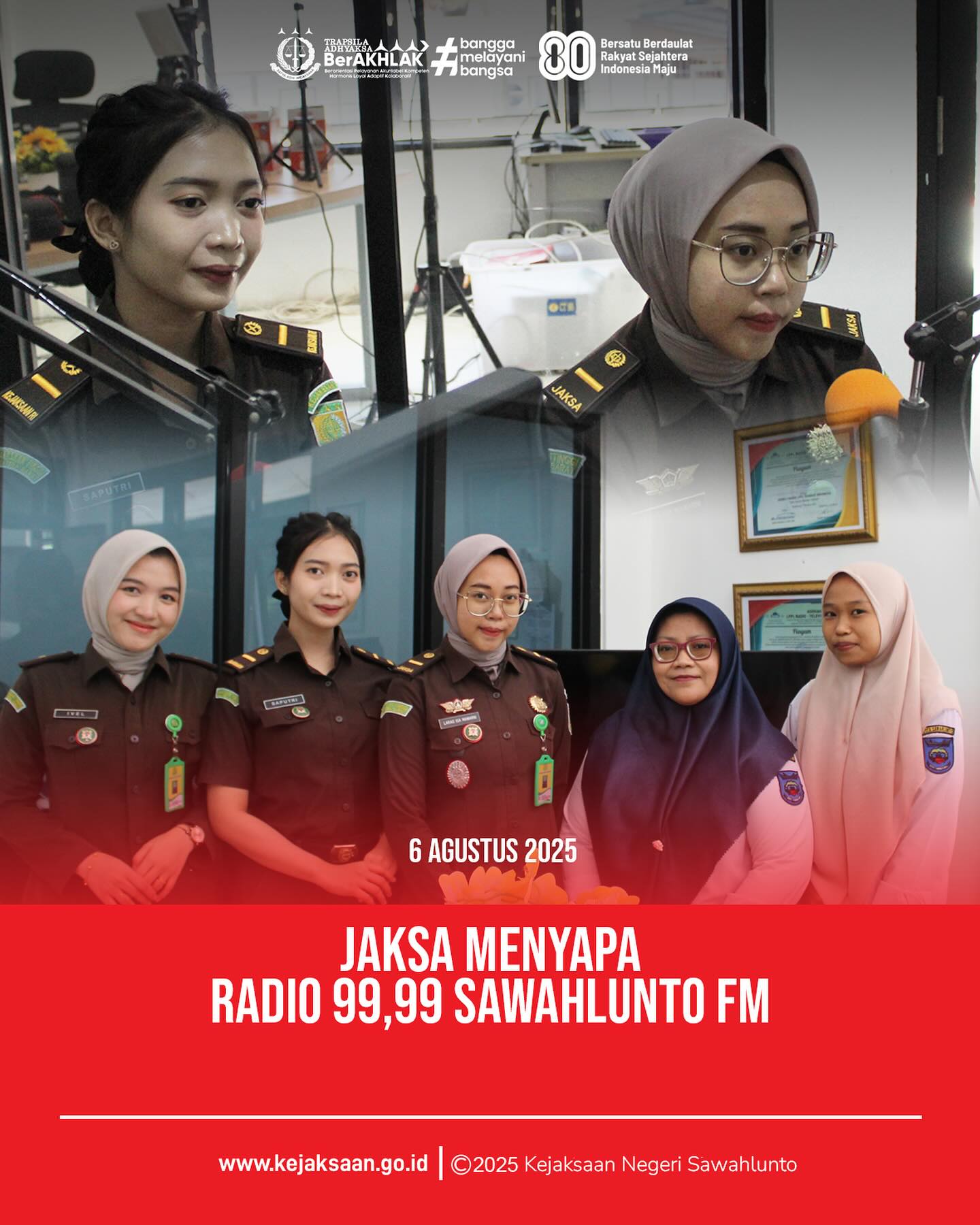 Bahwa pada hari rabu, 06 Agustus 2025, bertempat di Radio Sawahlunto 99,9 FM Kota Sawahlunto, Kasubsi II Bidang Intelijen Kejaksaan Negeri Sawahlunto, Ibu Laras Iga Mawarni,S.H., bersama Penelaah Penuntutan dan Penegakan Hukum (Calon Jaksa Ahli Pertama) Mastura Ajeng Saputri,S.H., melaksanakan kegiatan Jaksa Menyapa Radio 99,9 Sawahlunto FM dengan Tema "Menghindari Pergaulan Bebas dan Kenakalan Remaja".Dalam kesempatan ini, Kasubsi II memaparkan berbagai faktor penyebab kenakalan remaja, dampak hukumnya, serta pentingnya peran keluarga dan sekolah dalam membentuk karakter remaja. Salah satu faktor kenakalan remaja adalah mengikuti tren di media sosial sehingga mudah terjerumus pada pergaulan bebas. Oleh sebab itu perlu adanya pengawasan dari orang tua dan guru di sekolah. Kejaksaan hadir, tidak hanya menegakkan hukum, tapi juga membangun kesadaran hukum sejak dini. - from Instagram