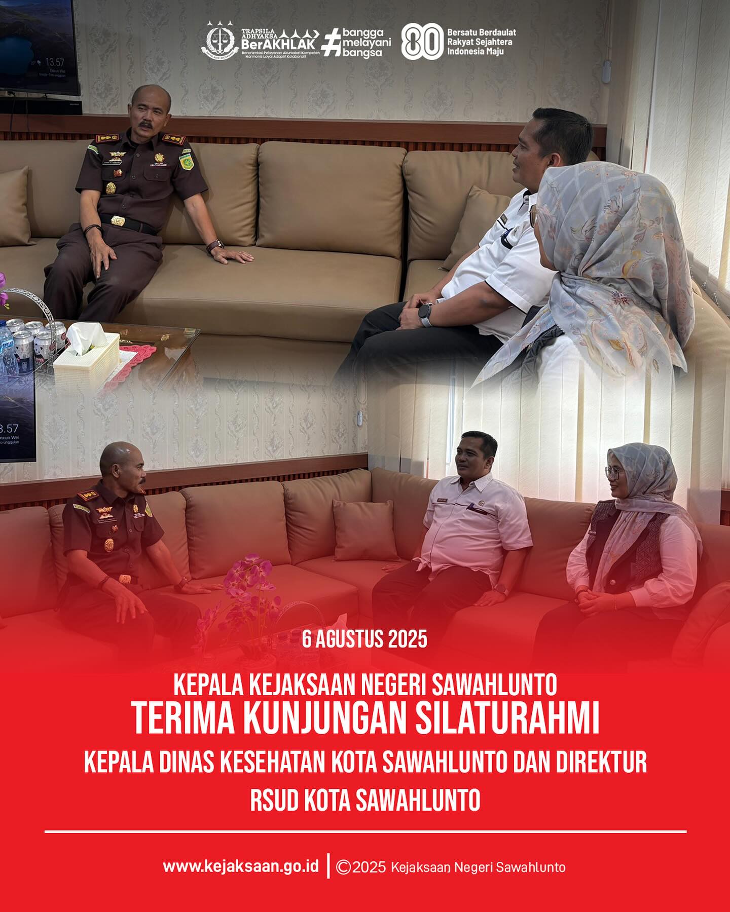 Bahwa pada hari Rabu, 06 Agustus 2025, bertempat di Ruangan Kepala Kejaksaan Negeri Sawahlunto, Kepala Kejaksaan Negeri Sawahlunto, Bapak Eddy Samrah L, S. H., M. H., menerima Kunjungan Silaturahmi dari Kepala Dinas Kesehatan Kota Sawahlunto dan Direktur RSUD Kota Sawahlunto - from Instagram