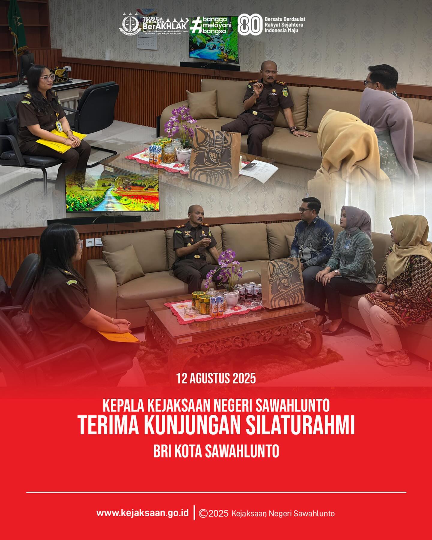 Bahwa pada hari Selasa, 12 Agustus 2025, bertempat di Ruang Kepala Kejaksaan Negeri Sawahlunto, Kepala Kejaksaan Negeri Sawahlunto, Bapak Eddy Samrah L, S. H., M. H., menerima Kunjungan Silaturahmi dari BRI Kota SawahluntoKunjungan tersebut diterima langsung oleh Kepala Kejaksaan Negeri Sawahlunto, Bapak Eddy Samrah L, S. H., M. H.Kunjungan dari BRI Kota Sawahlunto bertujuan untuk menjalin tali silaturahmi dan koordinasi guna membangun komunikasi dan Sinergitas untuk Bersama - sama memberi dukungan demi kemajuan dan kesejahteraan daerah dan masyarakat Kota SawahluntoAcara berlangsung dengan suasana santai, sembari saling memberi informasi dan pengertian antar kedua belah pihak sesuai tugas dan fungsi serta kewenangan yang dimiliki untuk kemajuan Kota Sawahlunto @kejaksaan.ri @kejatisumaterabarat @eddylimbong - from Instagram