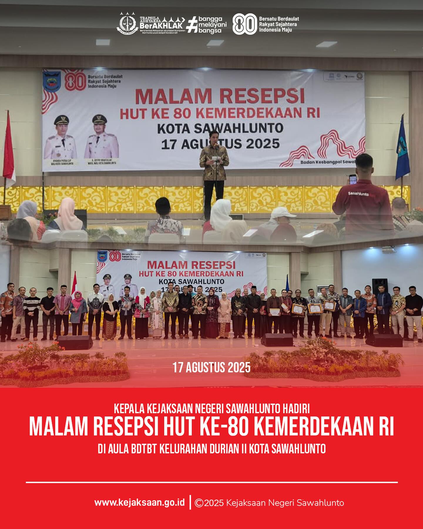 Bahwa pada hari minggu, 17 Agustus 2025, Kepala Kejaksaan Negeri Sawahlunto, Bapak Eddy Samrah L, S.H., M.H., menghadiri Malam Resepsi yang berlangsung di Aula BDTBT Kelurahan Durian II Kota Sawahlunto.Acara ini dihadiri oleh Kepala Kejaksaan Negeri Sawahlunto, Bapak Eddy Samrah L, S.H., M.H., bersama Wali Kota Sawahlunto, jajaran Forkopimda, para Kepala OPD, serta anggota Paskibraka yang sebelumnya telah melaksanakan tugas pengibaran dan penurunan bendera dengan penuh dedikasi.Kegiatan berlangsung dengan suasana khidmat dan hangat, sebagai bentuk rasa syukur atas kemerdekaan dan apresiasi terhadap semua pihak yang berperan dalam menyukseskan rangkaian peringatan Hari Kemerdekaan tahun ini. @kejaksaan.ri @kejatisumaterabarat @eddylimbong - from Instagram