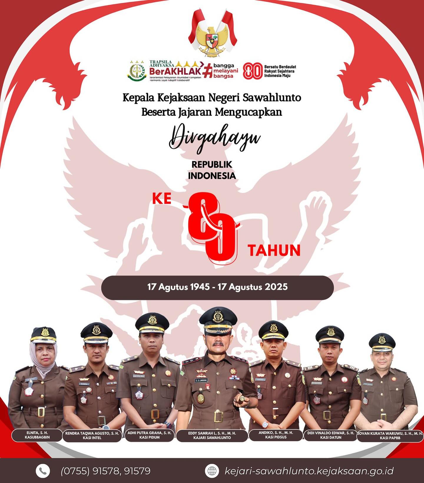 Selamat Hari Ulang Tahun Kemerdekaan Republik Indonesia ke-80! Kemerdekaan sejati harus diwujudkan melalui penegakan hukum yang adil,berintegritas, dan berpihak pada rakyat.Kejaksaan adalah benteng terakhir keadilan, pelindung hak rakyat dan penjaga martabat bangsa. - from Instagram