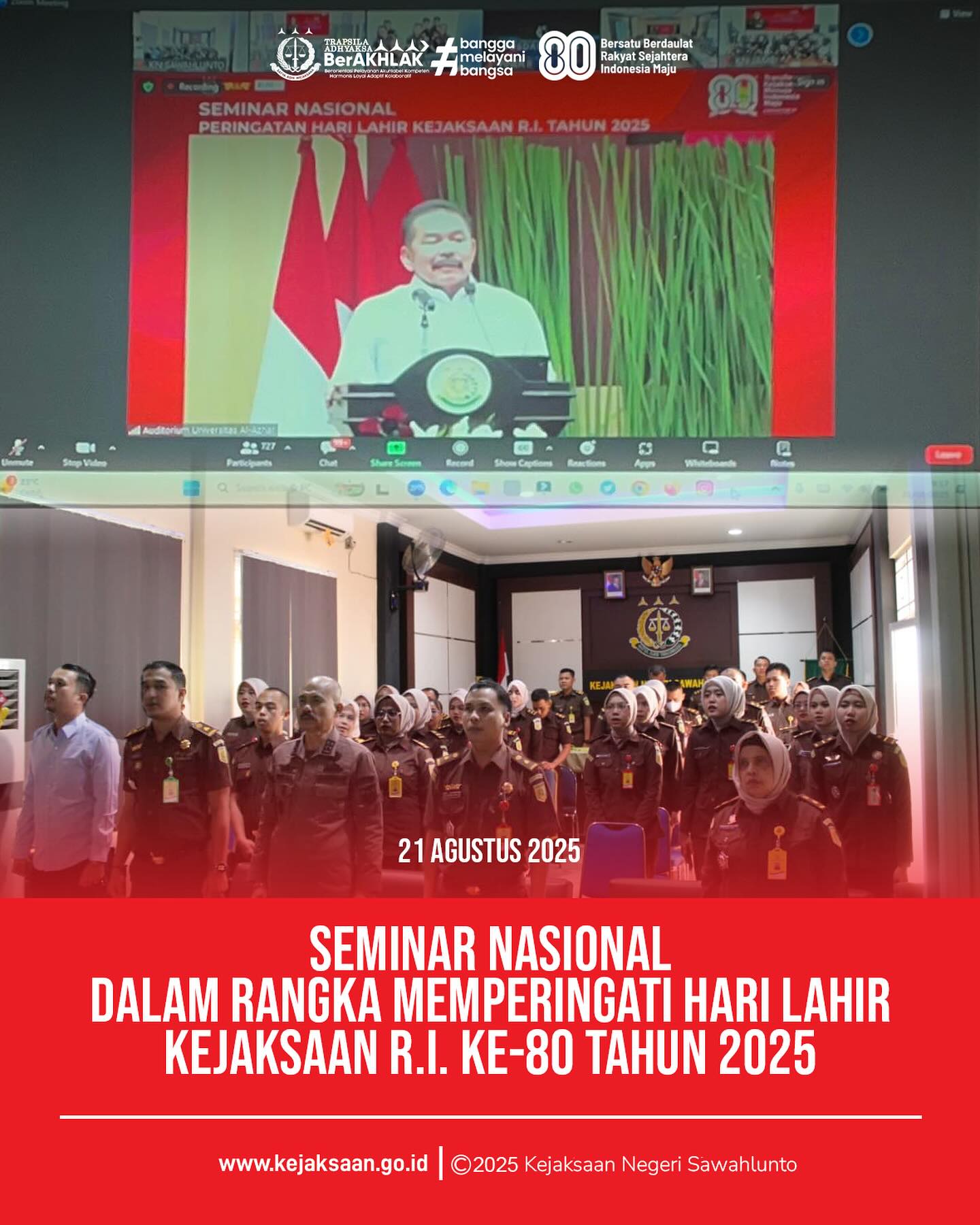 Bahwa pada hari Kamis 21 Agustus 2025, bertempat di Aula Kantor Kejaksaan Negeri Sawahlunto, Kepala Kejaksaan Negeri Sawahlunto, Bapak Eddy Samrah L, S. H., M. H., beserta jajaran dan staf Kantor Kejaksaan Negeri Sawahlunto mengikuti Kegiatan Seminar Nasional Dalam Rangka Memeperingati Hari Lahir Kejaksaan R.I. ke-80 Tahun 2025 secara daring.Seminar nasional dengan tema "Optimalisasi Pendekatan Follow The Asset dan Follow The Money Melalui Deferred Prosecution Agreement Dalam Penanganan Perkara Pidana".Deferred Prosecution Agreement atau DPA merupakan salah satu bentuk alternatif penyelesaian sengketa yang dilakukan di luar pengadilan, dengan cara penuntutan yang ditangguhkan berdasarkan persyaratan tertentu. Ini mencerminkan pendekatan progresif dalam sistem peradilan pidana yang memberikan kesempatan bagi pelaku untuk memperbaiki kesalahannya tanpa harus menjalani proses peradilan yang panjang.Jaksa Agung S.T. Burhanuddin menekankan bahwa DPA hanya dapat diterapkan pada tindak pidana tertentu, seperti korupsi, tindak pidana korporasi, dan pencucian uang, dengan tetap menjaga prinsip transparansi dan keadilan.Dengan adanya kajian akademik ini, diharapkan Kejaksaan dapat mengambil peran strategis dalam menyusun regulasi DPA, sehingga benar-benar menjadi sarana efisiensi hukum sekaligus pemulihan kerugian negara. - from Instagram