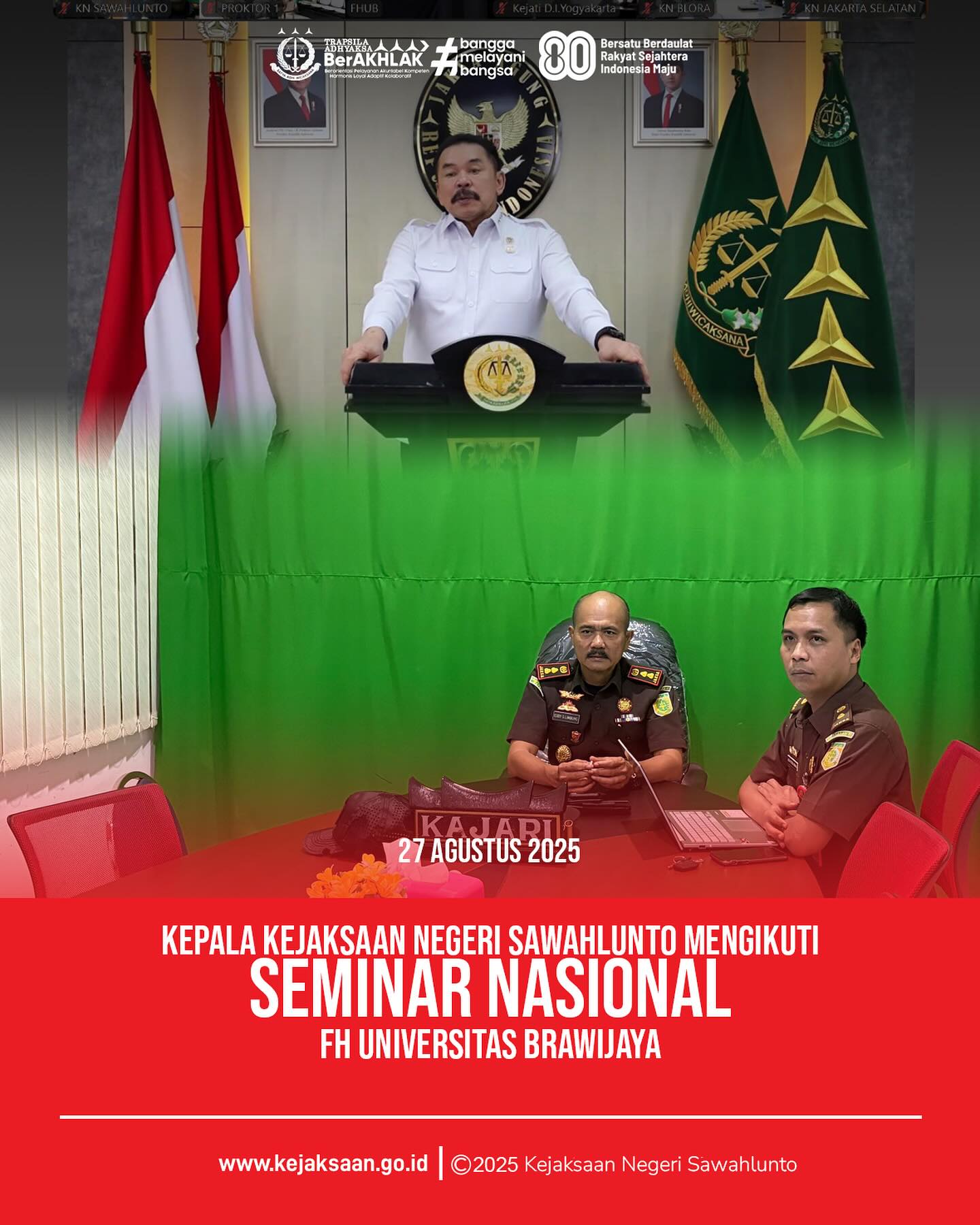 Bahwa pada hari Rabu, 27 Agustus 2025, bertempat di ruang  Video Conference Kantor Kejaksaan Negeri Sawahlunto, Kepala Kejaksaan Negeri Sawahlunto, Bapak Eddy Samrah L, S. H., M. H., bersama Kepala Seksi Tindak Pidana Umum, Bapak Adhi Putra Graha, S. H., mengikuti seminar nasional FH Universitas Brawijaya.Kegiatan seminar tersebut diselenggarakan oleh Universitas Brawijaya dengan bertema "Membangun Sistem Peradilan Pidana yang Modern dan Berkeadilan". Adapun dalam seminar ini menjadi Keynote Speaker yaitu Jaksa Agung Republik Indonesia, Bapak Prof. Dr. ST. Burhanuddin, S. H., M. M., dengan topik "Modernisasi Proses Penuntutan dalam RKUHAP: Memperkuat Dominus Litis dan Menjamin Keadilan Prosedural dalam Sistem Peradilan Pidana". - from Instagram