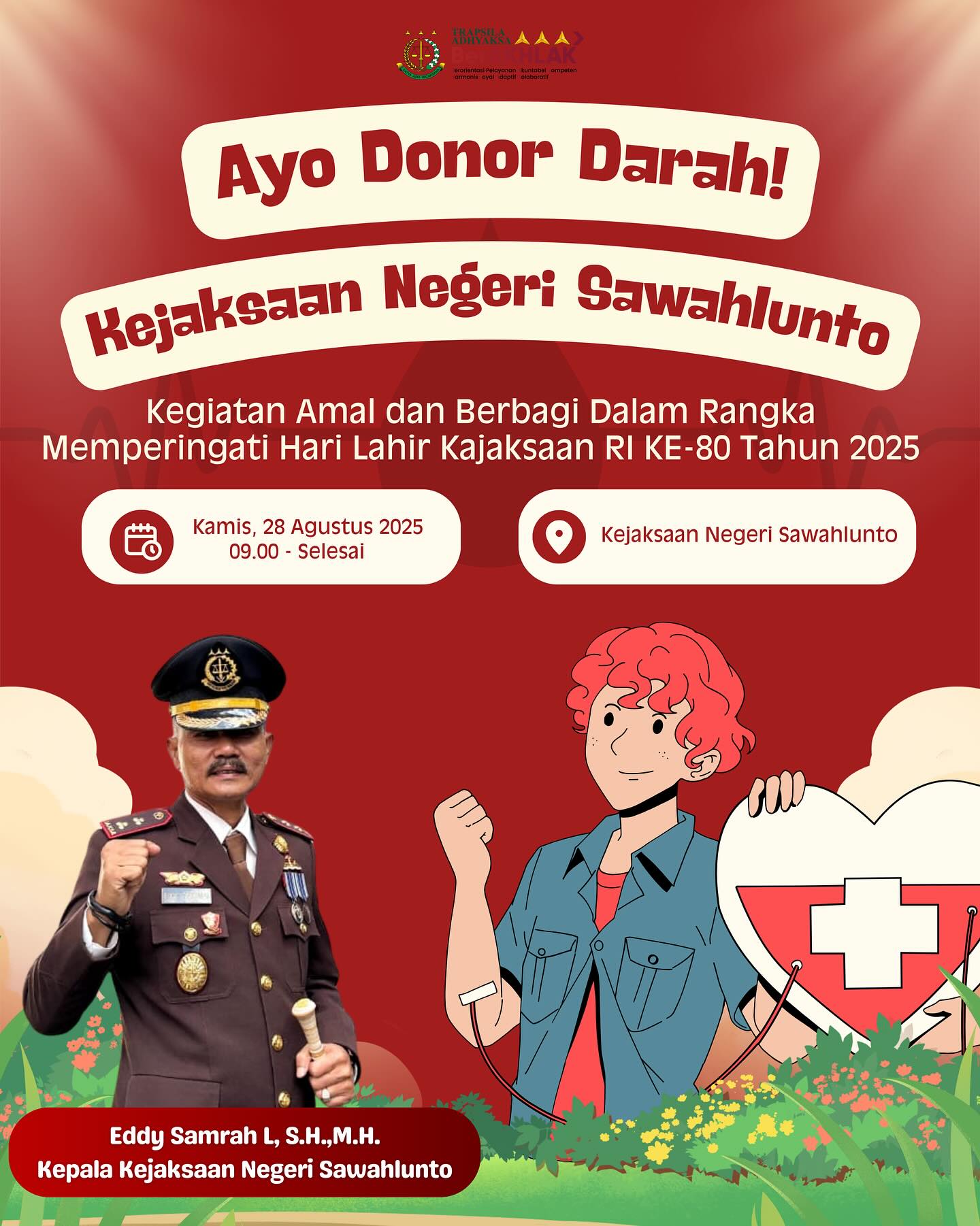 Donor Darah Kejaksaan Negeri SawahluntoHallo Warga Adhyaksa🏻Dalam rangka memperingati Hari Lahir Kejaksaan Republik Indonesia yang ke-80, Kami mengajak untuk ikut serta dalam Kegiatan Donor Darah🗓 Kamis, 28 Agustus 2025 09.00 WIB - Selesai Kejaksaan Negeri Sawahlunto"Ayo Donor Darah, Setetes Darahmu Bisa Menjadi Harapan Bagi Seseorang" - from Instagram