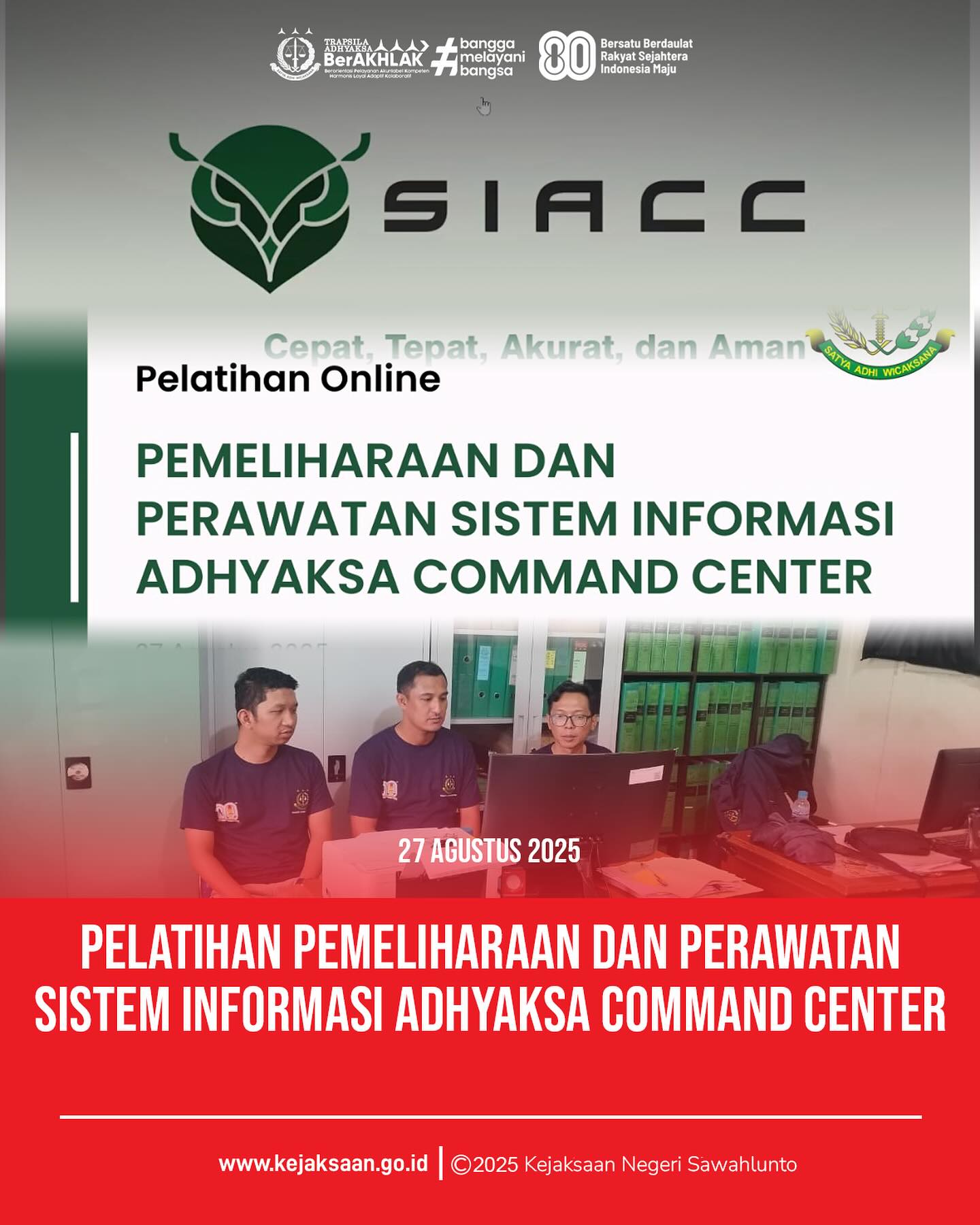 Bahwa pada hari Rabu, 27 Agustus 2025, bertempat di ruang Intelijen Kejaksaan Negeri Sawahlunto, Kepala Seksi Intelijen, Bapak Rendra Taqwa Agusto, S. H., bersama Kasubsi I Bidang Intelijen, Bapak Arief Hidayat, S. H., dan staf Intelijen, mengikuti kegiatan Pelatihan Pemeliharaan dan Perawatan Sistem Informasi Adhyaksa Command Center secara daring. - from Instagram