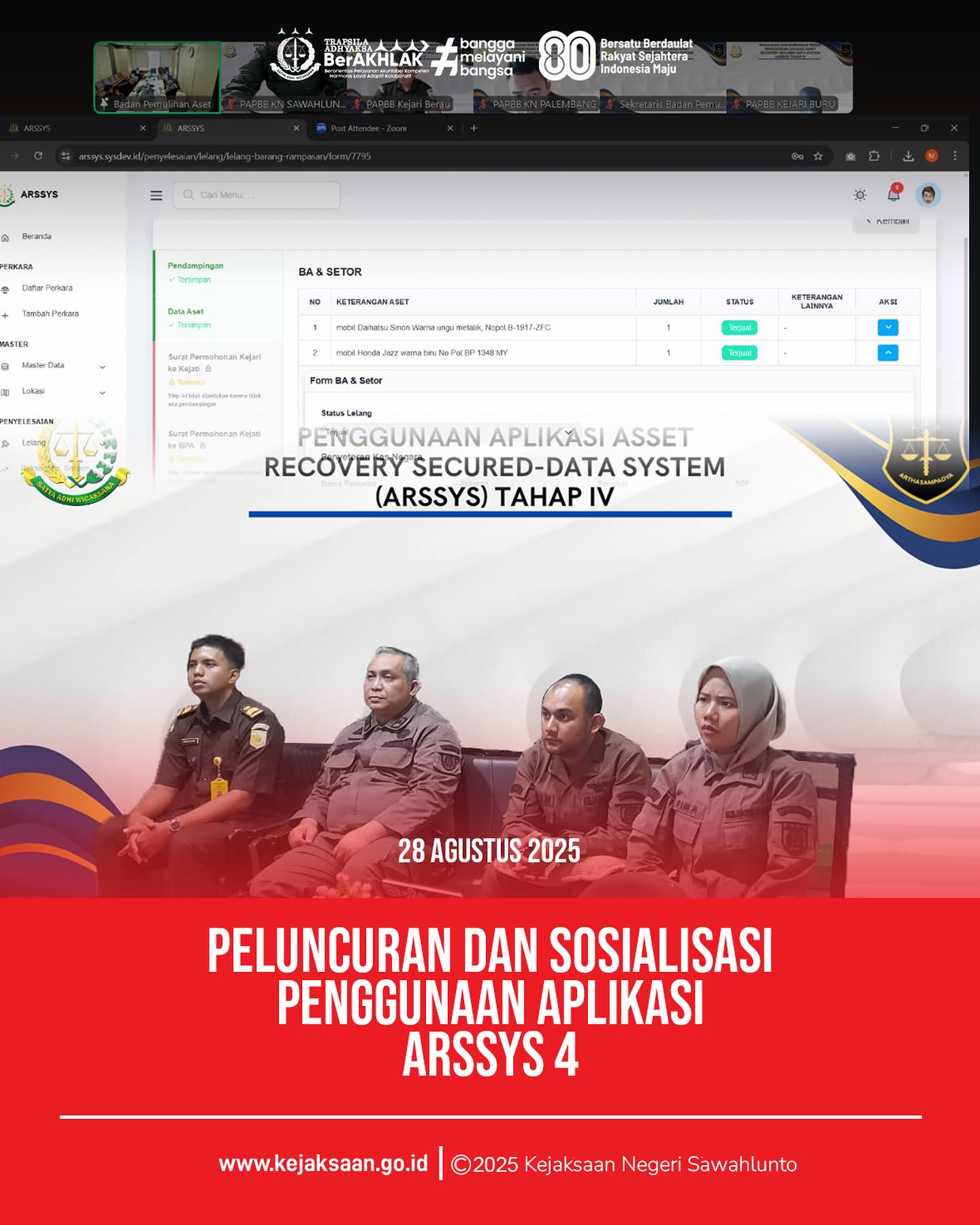 Bahwa pada hari Kamis, 28 Agustus 2025, bertempat di ruang Pemulihan Aset dan Pengelola Barang Bukti, Kepala Seksi Pemulihan Aset dan Pengelola Barang Bukti, Bapak Jovan Kurata Waruwu, S. H., M. H., beserta Staf Bidang Pemulihan Aset dan Pengelola Barang Bukti mengikuti kegiatan Peluncuran dan Sosialisasi Penggunaan Aplikasi Arssys 4 secara daring. - from Instagram