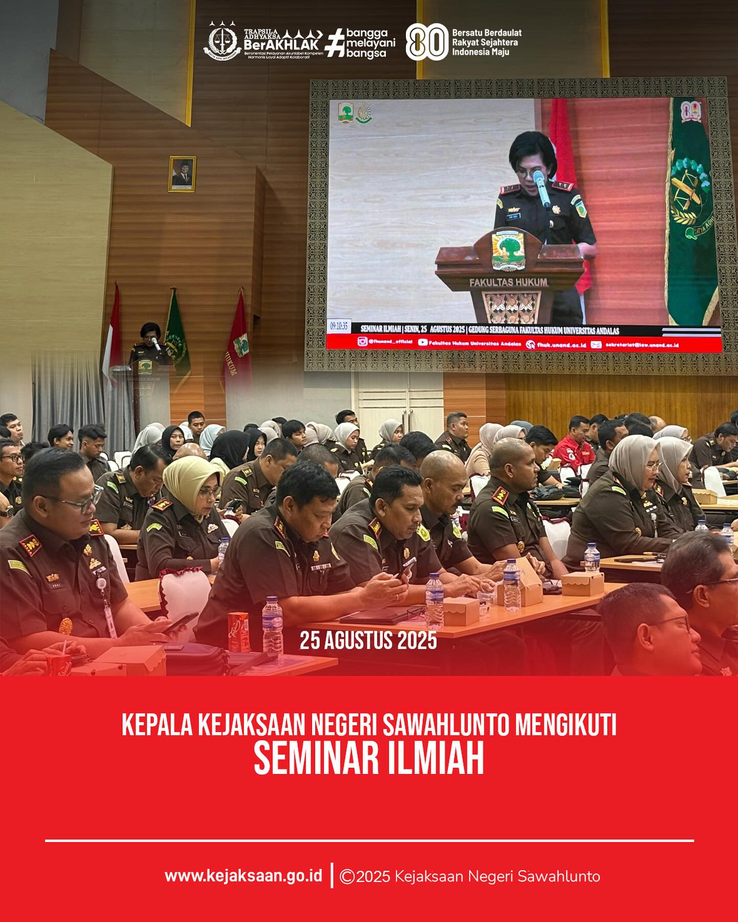 Bahwa pada hari Senin, 25 agustus 2025, bertempat di Gedung Serba Guna (GSG) Fakultas Hukum Universitas Andalas, Kampus Unand Limau Manis Padang, Kepala Kejaksaan Negeri Sawahlunto, Bapak Eddy Samrah L, S. H., M. H., mengikuti Seminar Ilmiah dengan tema "Optimalisasi Pendekatan Follow The Asset dan Follow The Money melalui Deferred Prosecution Agreement dalm Penanganan Perkara Pidana"Seminar Ilmiah ini dilaksanakan oleh Kejaksaan Tinggi Sumatera Barat dalam rangka memperingati Hari Lahir Kejaksaan Republik Indonesia ke - 80.Kegiatan ini menjadi ruang diskusi ilmiah untuk memperkuat strategi penegakan hukum yang modern, adaptif, dan berorientasi pada pemulihan aset negara. - from Instagram