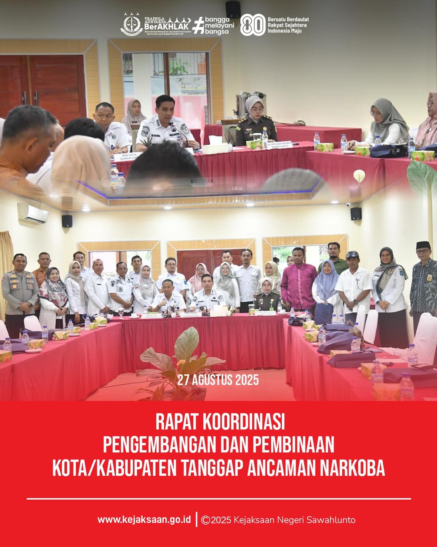 Bahwa pada hari rabu, 27 Agustus 2025, bertempat di Sillo Meeting Room, Kota Sawahlunto, Kasubsi II Bidang Intelijen, Ibu Laras Iga Mawarni, S. H., hadir mewakili Kepala Kejaksaan Negeri Sawahlunto sebagai narasumber Rapat Koordinasi Pengembangan dan Pembinaan Kota/Kabupaten Tanggap Ancaman Narkoba, yang diselenggarakan oleh Badan Narkotika Nasional Kota Sawahlunto dengan tema "Solusi Hukum terkait Permasalahan Zat Adiktif di Lingkungan Kota Sawahlunto.Rapat tersebut di hadiri Walikota, jajaran Forum Komunikasi Pimpinan Daerah (Forkopimda) Kota Sawahlunto, instansi pemerintah, TNI, Polri, Sekretariat Daerah dan Perangkat Daerah Kota Sawahlunto.Kasubsi II Bidang Intelijen menyampaikan paparan dengan judul Sinergi Penegakan Hukum dan Pencegahan Dalam Mewujudkan Kota Tanggap Ancaman Narkoba. Pada akhir paparan, Kasubsi II Bidang Intelijen menyampaikan "Pemberatasan narkoba bukan tugas satu lembaga, tetapi gerakan bersama. Narkoba merusak masa depan, kebersamaan kita adalah kekuatan. Mari bergandengan tangan untuk mewujudkan masyarakat tangguh, keluarga harmonis, dan Indonesia Emas tanpa narkoba". - from Instagram