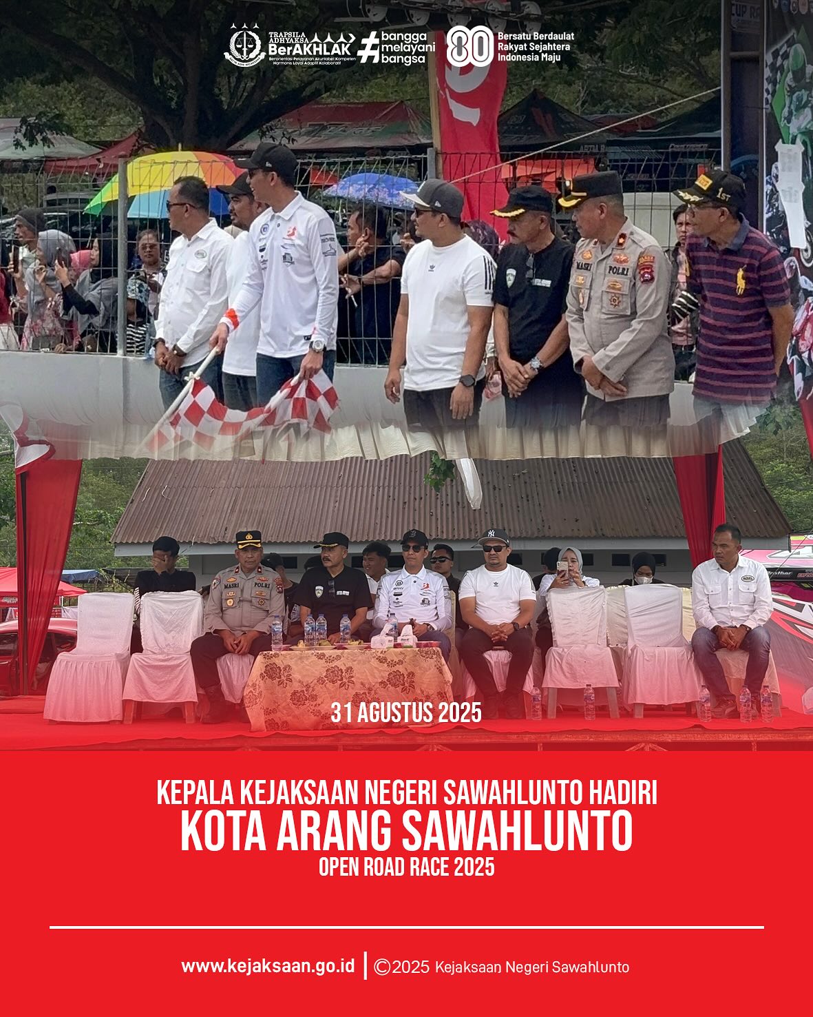 Bahwa pada hari minggu, 31 Agustus 2025, bertempat di Sirkuit Permanen Kandi Kawasan Wisata Kandih Desa Kolok Nan Tuo Kec. Barangin Kota Sawahlunto, Kepala Kejaksaan Negeri Sawahlunto, Bapak Eddy Samrah L, S. H., M. H., menghadiri kegiatan Kota Arang Sawahlunto Open Road Race 2025.Kegiatan ini diikuti oleh Walikota Sawahlunto, jajaran Forum Koordinasi Pimpinan Daerah (Forkopimda) Kota Sawahlunto, Polri, dan Ikatan Motor Indonesia Korwi Sawahlunto.Kegiatan Road Race ini merupakan bagian dari realisasi Walikota Sawahlunto dari visi "Sawahlunto Maju" yang berfokus pada pengembangan sektor pariwisata, ekonomi kreatif, dan olahraga komunitas (sport tourism). - from Instagram