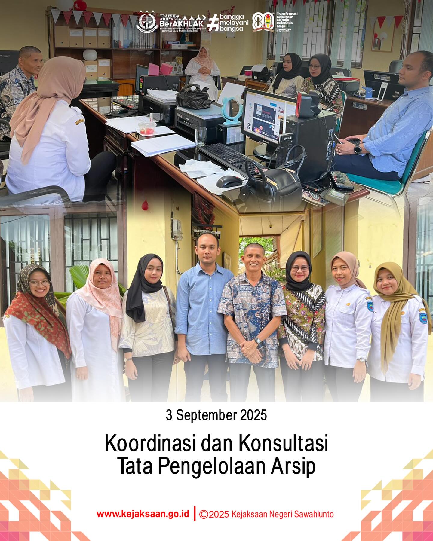 Bahwa pada hari rabu tanggal 3 September 2025 pukul 9.00 wib, bertempat di Dinas Perpustakaan dan Kearsipan Kota Sawahlunto, Kaur Kepegawaian Kejaksaan Negeri Sawahlunto, Bapak Suardi Yulanda, S. H., beserta staf Arsiparis Kejaksaan Negeri Sawahlunto, melaksanakan kegiatan Koordinasi dan Konsultasi Tata Pengelolaan Arsip.Berdasarkan pasal 29 BAB IV tentang Pengelolaan Arsip pada UU Nomor 43 tahun 2009 tentang kearsipan dicantumkan bahwa pengelolaan arsip meliputi pengelolaan arsip dinamis dan arsip statis. Selanjutnya disebutkan pula bahwa pengelolaan arsip dinamis dilakukan terhadap arsip vital, arsip aktif dan arsip inaktiv. - from Instagram