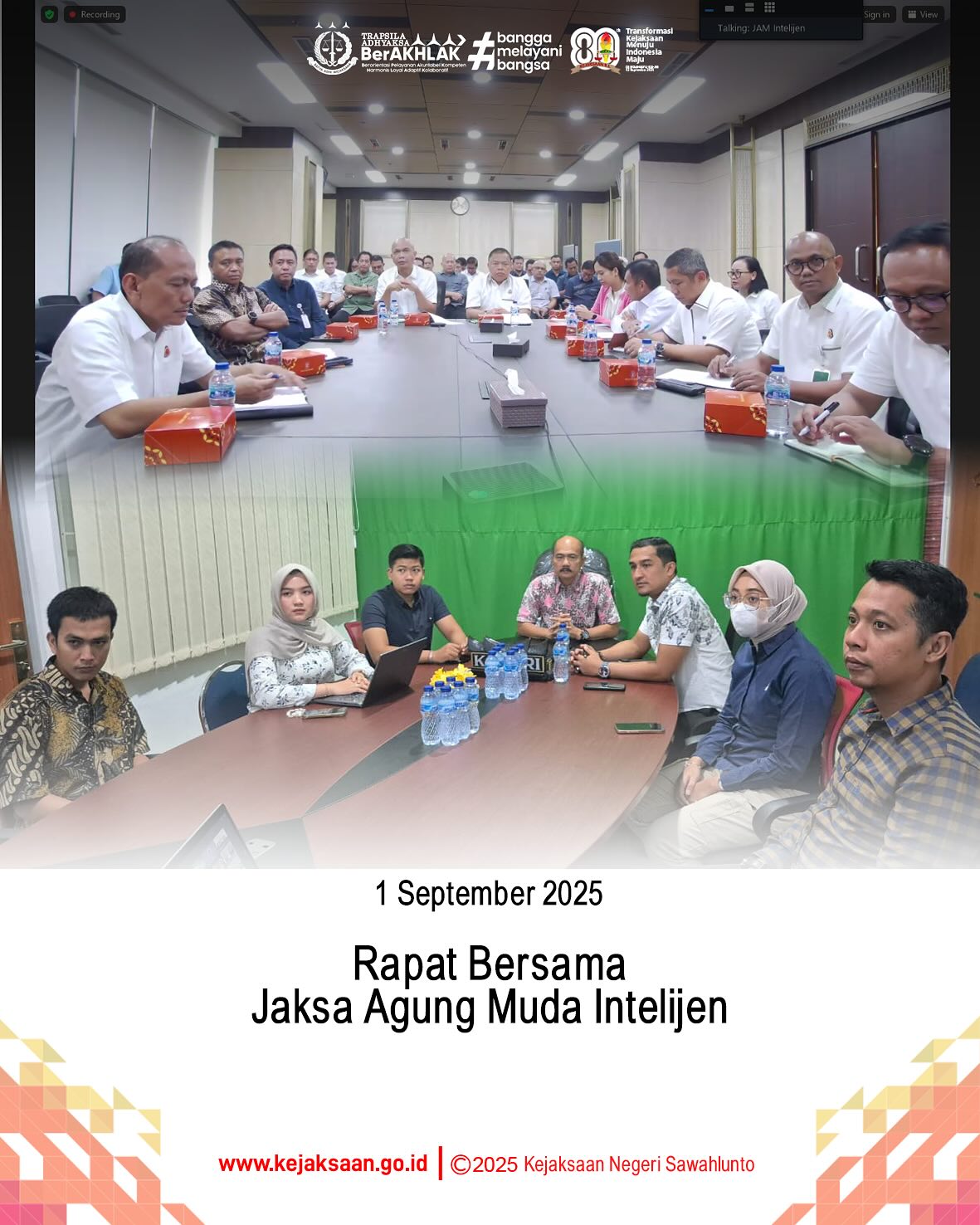 Bahwa pada hari Senin tanggal 1 September 2025, bertempat di ruang video conference Kantor Kejaksaan Negeri Sawahlunto, Kepala Kejaksaan Negeri Sawahlunto, Bapak Eddy Samrah L, S. H., M. H., bersama Kasi Intelijen, Bapak Rendra Taqwa Agusto, S. H., beserta staf bidang intelijen mengikuti rapat bersama Jaksa Agung Muda Bidang Intelijen, Bapak Prof. Dr. Reda Manthovani, S.H., LL.M. secara daring.Dalam rapat tersebut Jaksa Agung Muda Bidang Intelijen, menyampaikan beberapa arahan pengamanan dan mitigasi terkait adanya eskalasi demontrasi massa yang bersifat anarki dalam beberapa waktu terakhir.Dalam rapat tersebut dapat disimpulkan bahwa tindakan pengamanan mandiri, koordinasi dengan aparat terkait, dan komunikasi yang cepat menjadi kunci. Kebijaksanaan dalam setiap langkah, baik dalam penanganan perkara maupun pergerakan personil demi menjaga situasi tetap kondusif. Dengan menjalankan setiap arahan secara disiplin, sehingga keamanan dan kepercayaan publik terhadap kejaksaan tetap terjaga. - from Instagram