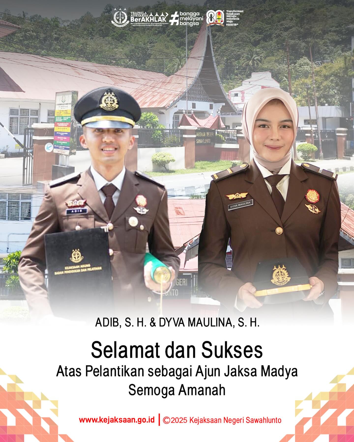 Keluarga Besar Kejaksaan Negeri Sawahlunto mengucapkan Selamat & Sukses Kepada Sdr. Adib,S.H., dan Sdri. Dyva Maulina,S.H. Atas pelantikan sebagai Ajun Jaksa Madya, Semoga Amanah - from Instagram