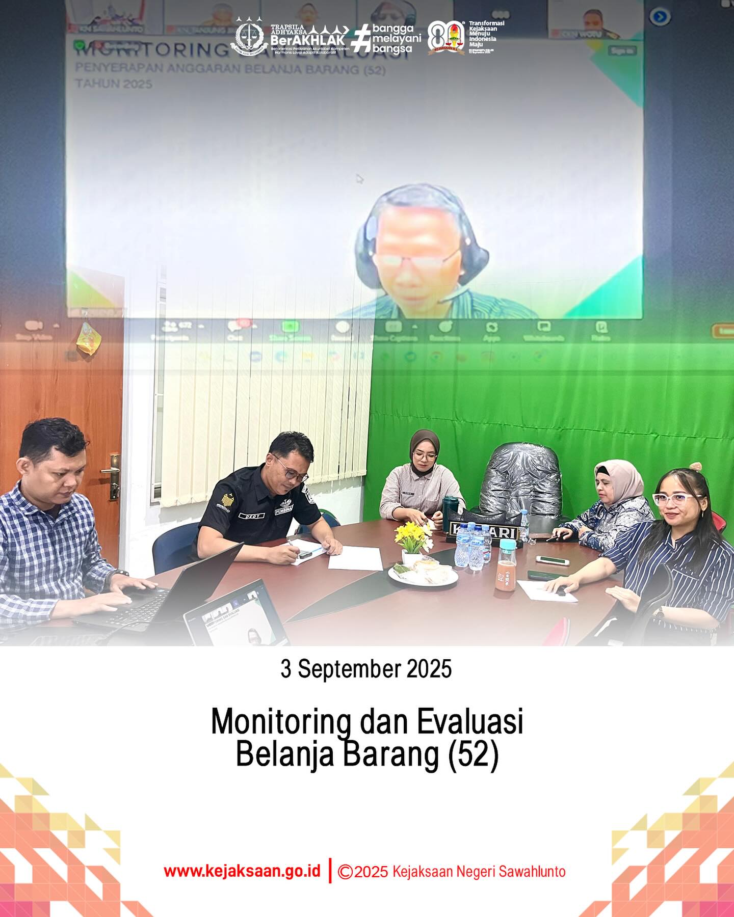 Bahwa pada hari Rabu, tanggal 3 September 2025, bertempat diruangan video conference kantor Kejaksaan Negeri Sawahlunto, Pukul 08.30 wib, Kepala Subbagian Pembinaan, Ibu Elnita, S. H., beserta staf bidang Pembinaan, mengikuti kegiatan Monitoring dan Evaluasi Belanja Barang (52) secara daring.Rapat tersebut mengacu pada peraturan Direktur Jenderal Perbendaharaan Nomor PER-5/PB/2024 tentang Petunjuk Teknis Penilaian Indikator Kinerja Pelaksanaan Anggaran Belanja Kementerian Negara/Lembaga untuk target penyerapan anggaran belanja barang (52) sampai dengan bulan Agustus minimal sebesar 62%. - from Instagram
