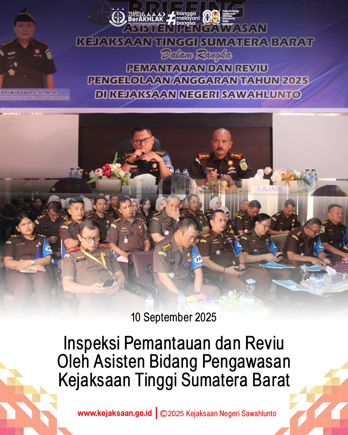 Bahwa pada hari rabu, 10 September 2025, bertempat di kantor Kejaksaan Negeri Sawahlunto, Kepala Kejaksaan Negeri Sawahlunto, Bapak Eddy Samrah L, S.H., M. H., beserta jajaran menyambut Asisten Pengawasan Kejaksaan Tinggi Sumatera Barat, Bapak R. Hari Wibowo, S. H., M. H., dalam rangka Inspeksi Pemantauan dan Reviu Pengelolaan Anggaran Tahun 2025.Tujuan utama pemantauan dan reviu pengelolaan anggaran tahun 2025 ini untuk memastikan anggaran yang ada di Kejaksaan Negeri Sawahlunto berjalan sesuai ketentuan, serta meningkatkan akuntabilitas, transparansi, dan efisiensi dalam tata kelola keuangan.Dalam pelaksanaannya, Kepala Kejaksaan Negeri Sawahlunto, mendampingi Asisten Pengawasan Kejaksaan Tinggi Sumatera Barat beserta jajaran, melakukan pemantauan dan pemeriksaan terkait pengelolaan anggaran dan tata kelola administrasi guna memastikan tugas berjalan sesuai aturan, efektif, dan efisien.Melalui kegiatan ini, diharapkan Kejaksaan Negeri Sawahlunto dalam pengelolaan anggaran dapat transparan, akuntabel, serta sesuai ketentuan, sehingga mendukung terwujudnya kinerja yang profesional dan berintegritas. - from Instagram