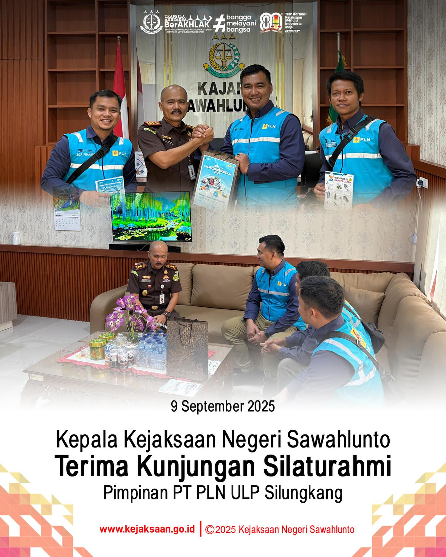 Bahwa pada hari Selasa, 9 September 2025 Pukul 11.00 WIB bertempat di Kantor Kejaksaan Negeri Sawahlunto, Kepala Kejaksaan Negeri Sawahlunto, Bapak Eddy Samrah L, S.H. M. H., menerima Kunjungan Silaturahmi dari Pimpinan PT PLN ULP Silungkang.Kunjungan tersebut diterima langsung oleh Kepala Kejaksaan Negeri Sawahlunto, Bapak Eddy Samrah L, S. H., M. H.Kunjungan dari Pimpinan PT PLN ULP Silungkang ini dalam rangka peringatan Hari Pelanggan Nasional (HPN) 2025, untuk memberikan apresiasi kepada Kejaksaan Negeri Sawahlunto sebagai pelanggan setia melalui program spesial bertajuk Kado Listrik Ceria (KALCER) dan untuk menjalin tali silaturahmi serta koordinasi guna membangun komunikasi dan Sinergitas untuk Bersama - sama memberi pelayanan kepada masyarakat Kota Sawahlunto.Acara berlangsung dengan suasana santai, sembari saling memberi informasi dan pengertian antar kedua belah pihak sesuai tugas dan fungsi serta kewenangan yang dimiliki untuk kemajuan Kota Sawahlunto. - from Instagram